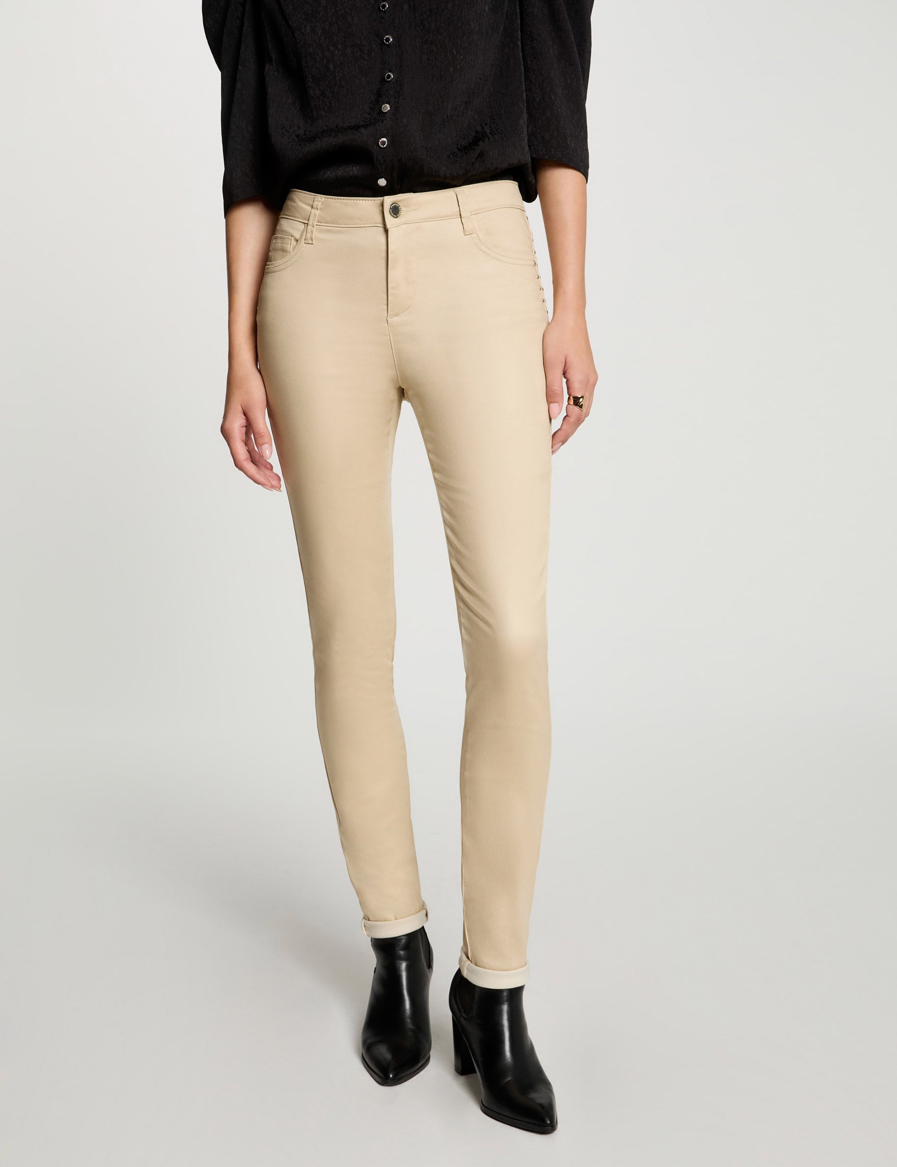 Pantalon skinny enduit beige femme