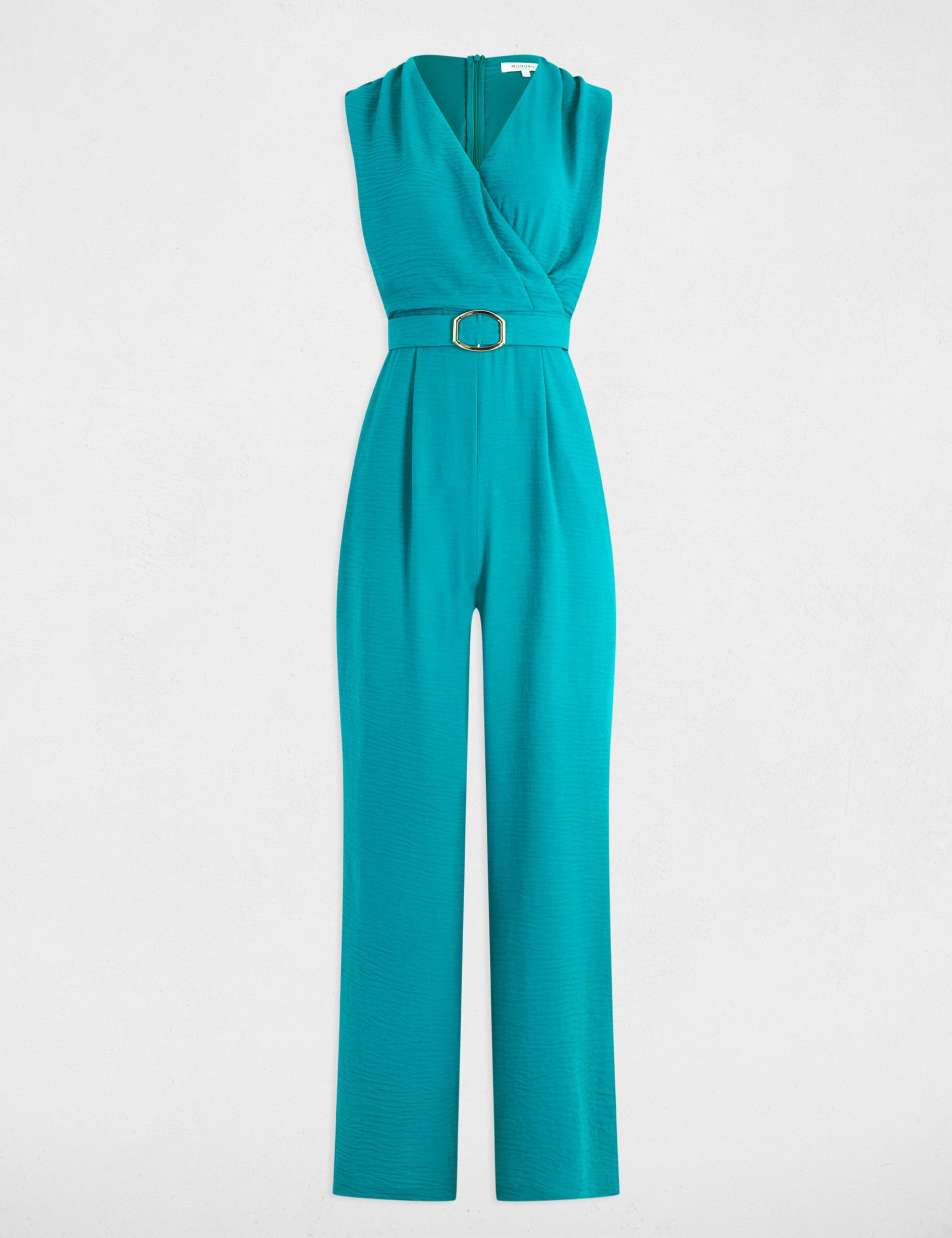 Wide leg jumpsuit with buckle detail turquoise blue women