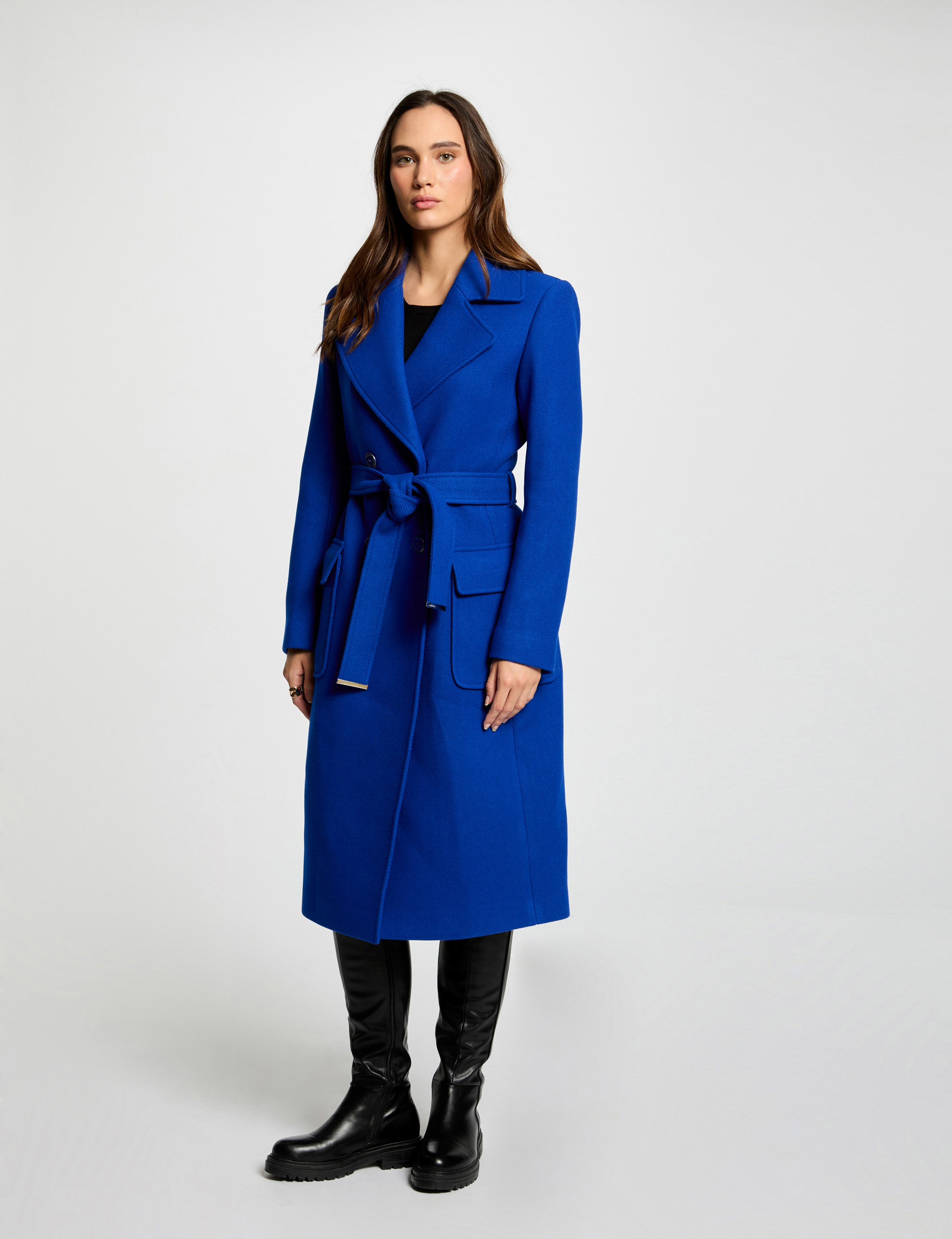 Belted long waisted coat electric blue women