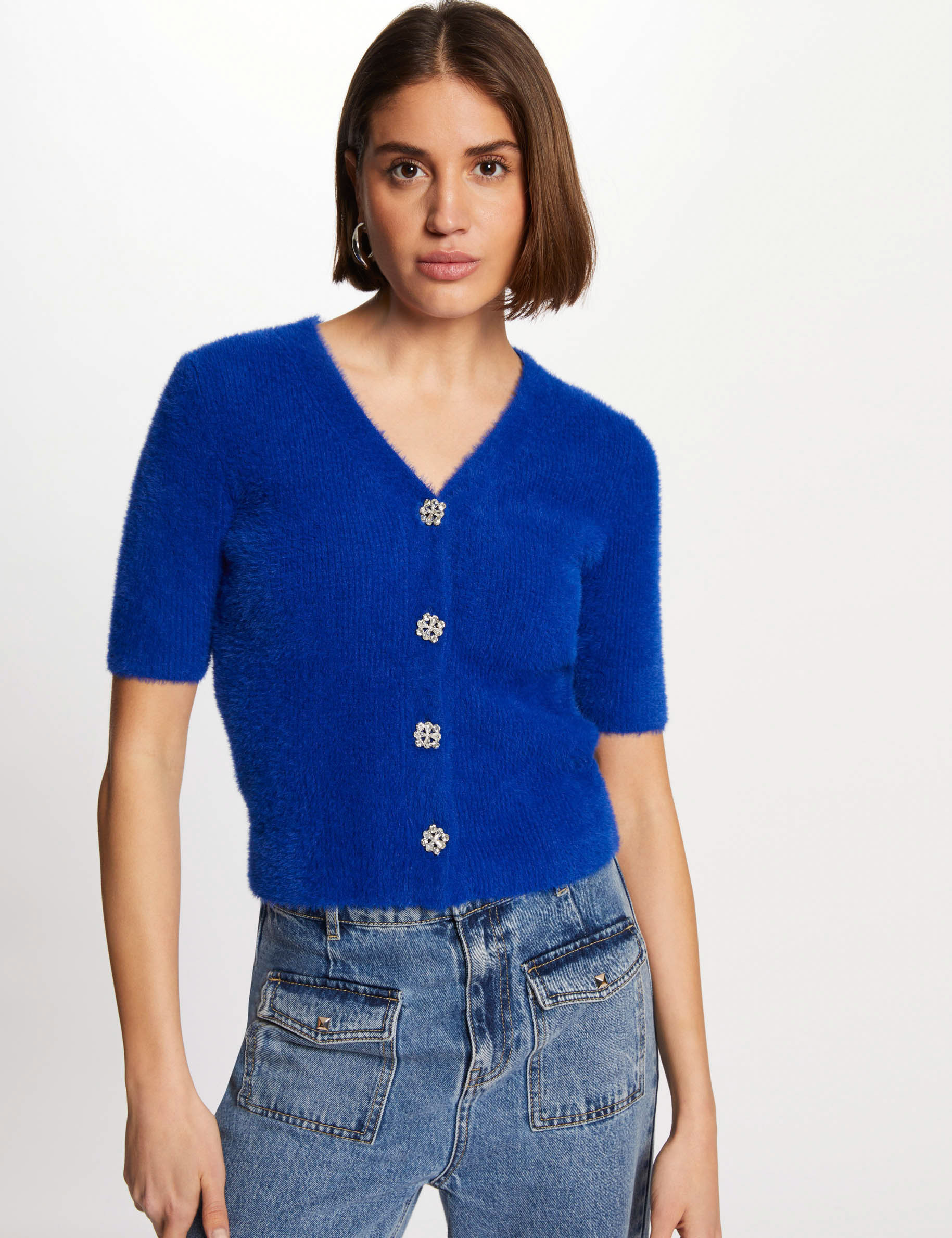 Short-sleeved jumper with buttons electric blue ladies'