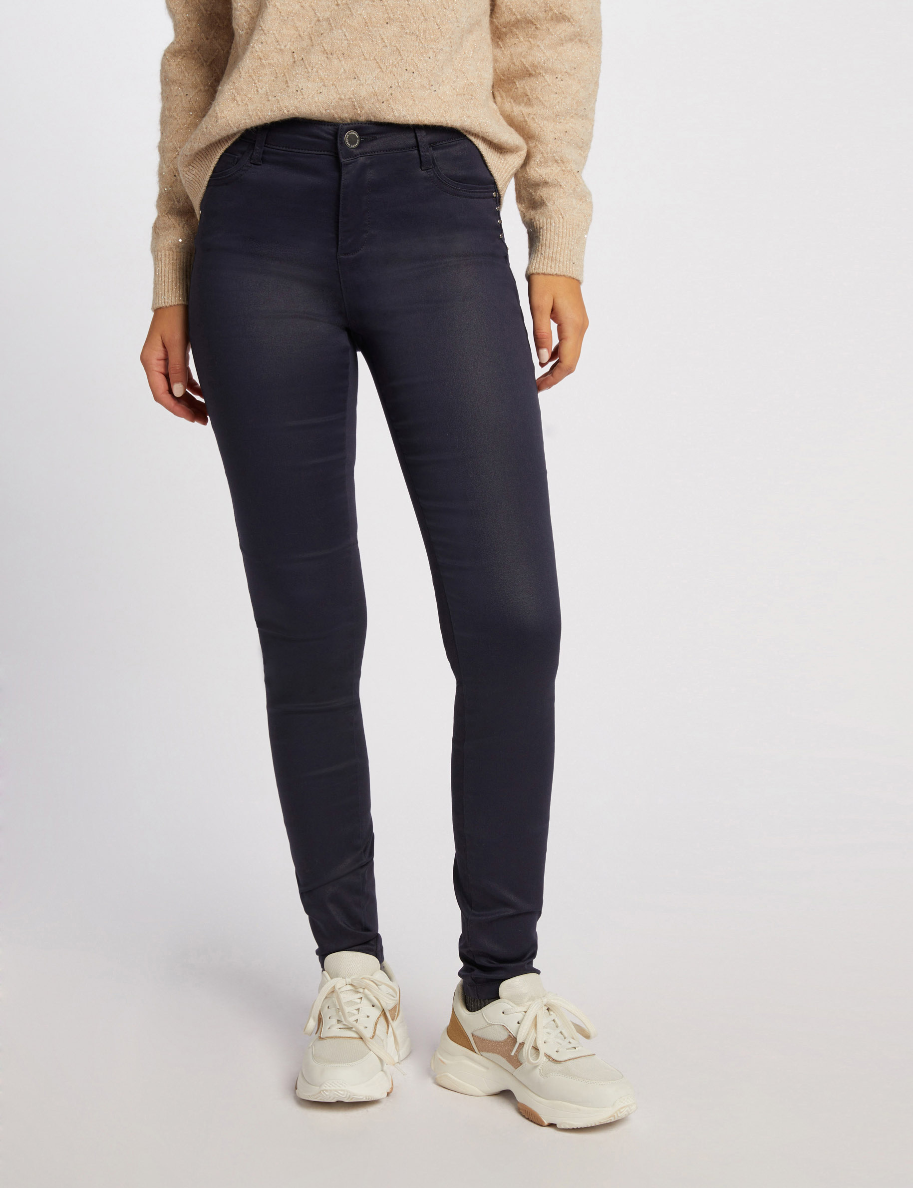 Skinny trousers wet effect navy women