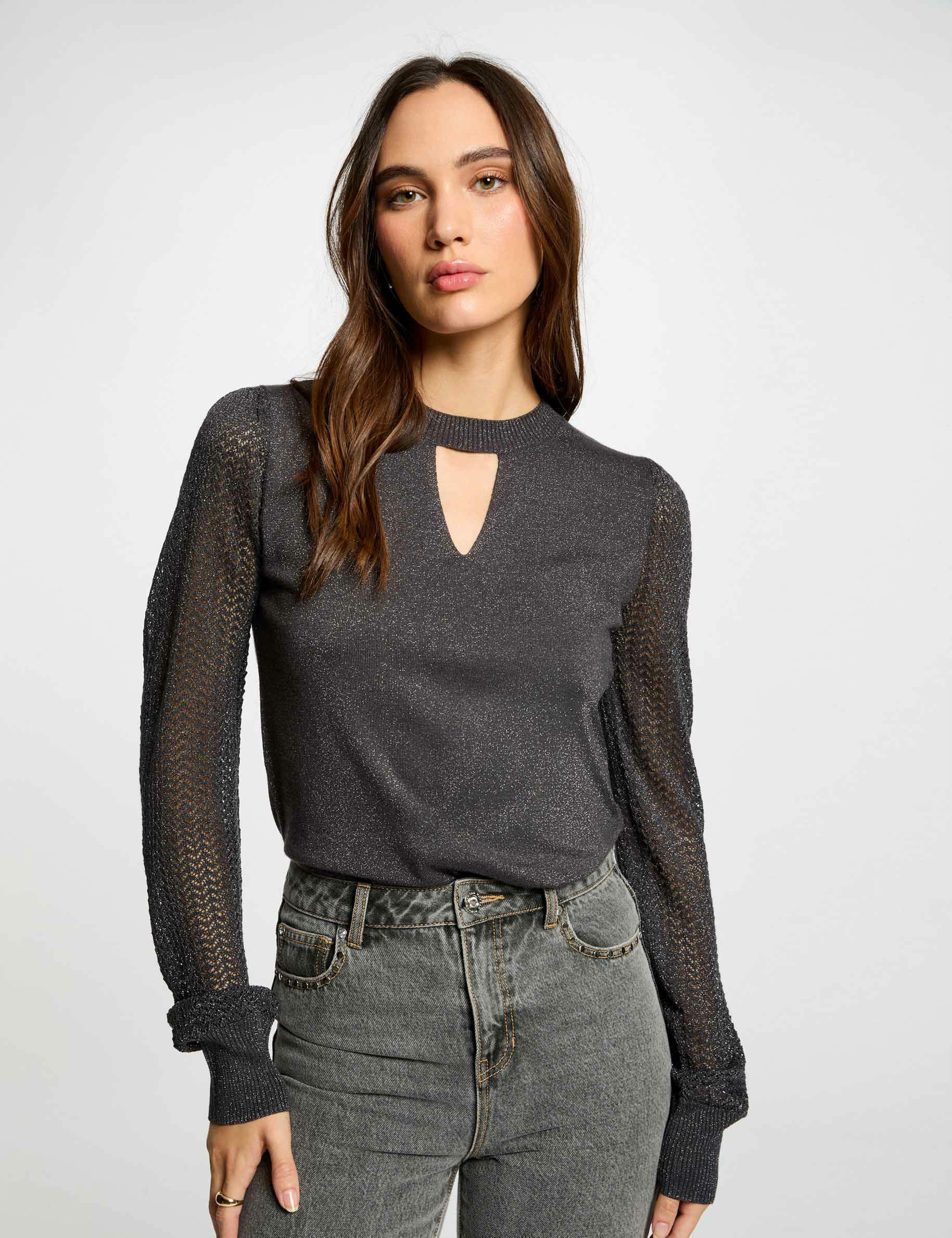 Jumper round neck and opening anthracite grey women