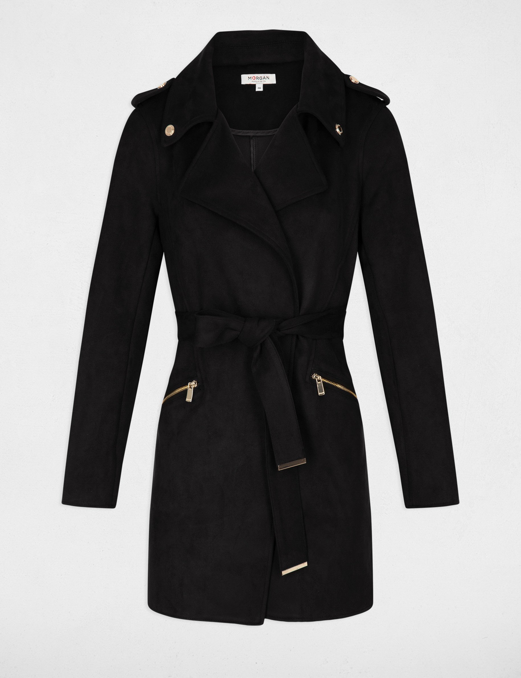 Belted long suede coat black women