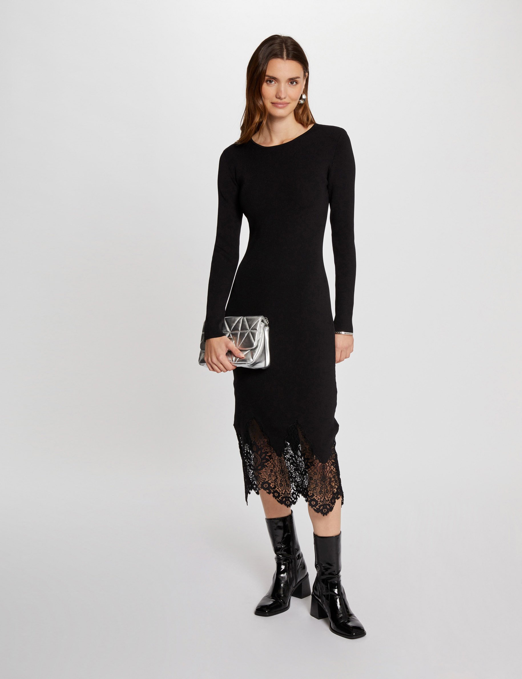 Fitted midi knitted dress black women