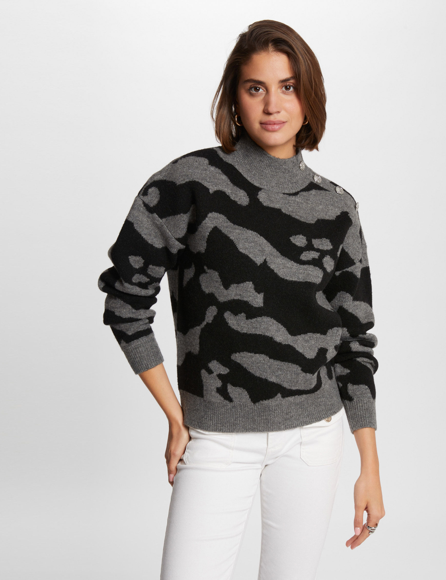 Printed jumper high collar anthracite grey women