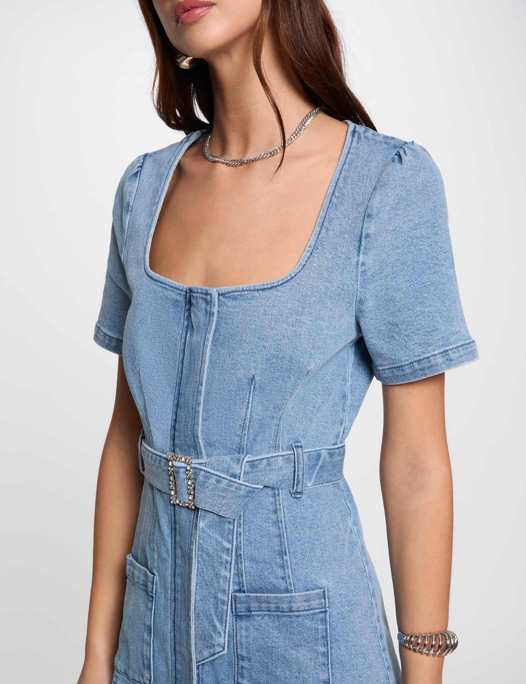 Straight mini denim dress heavy stone wash denim women