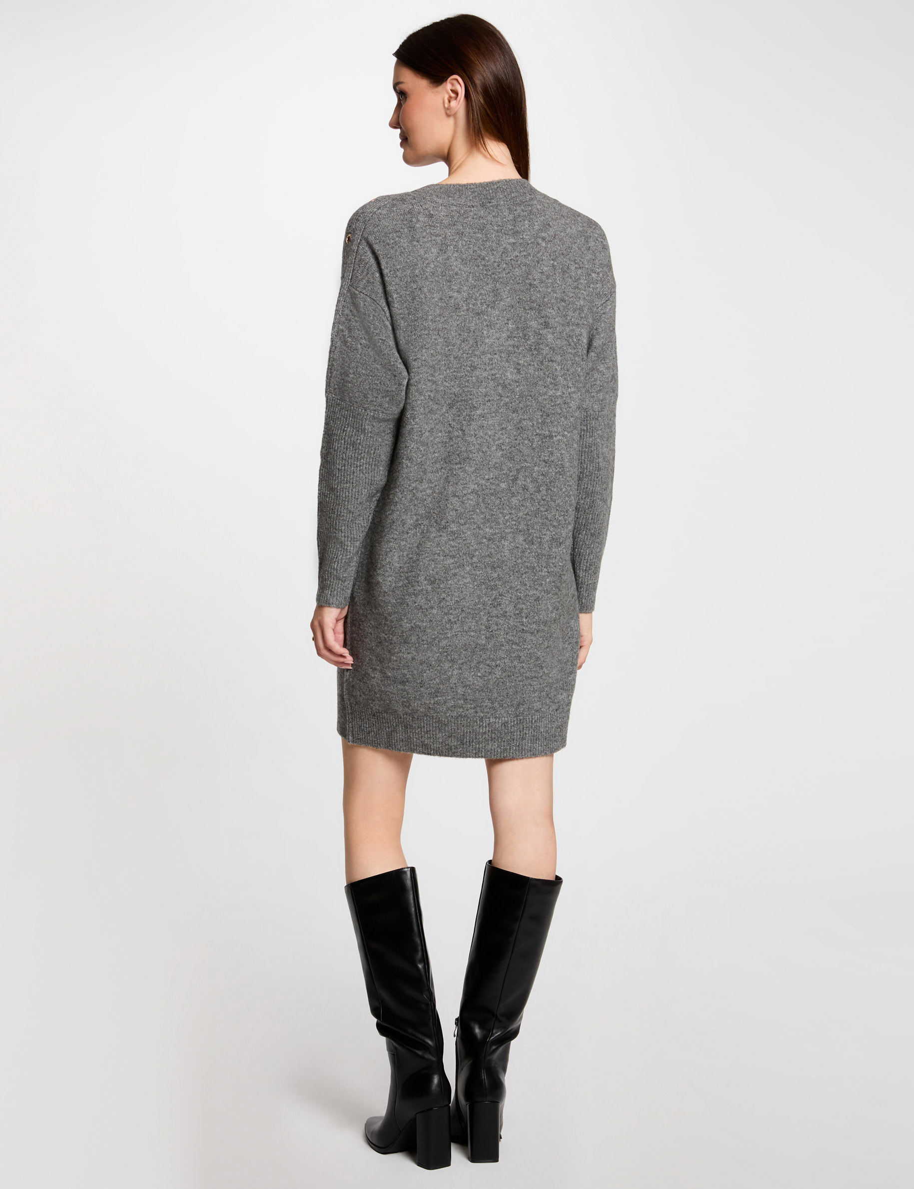 Straight knitted dress eyelets anthracite grey women