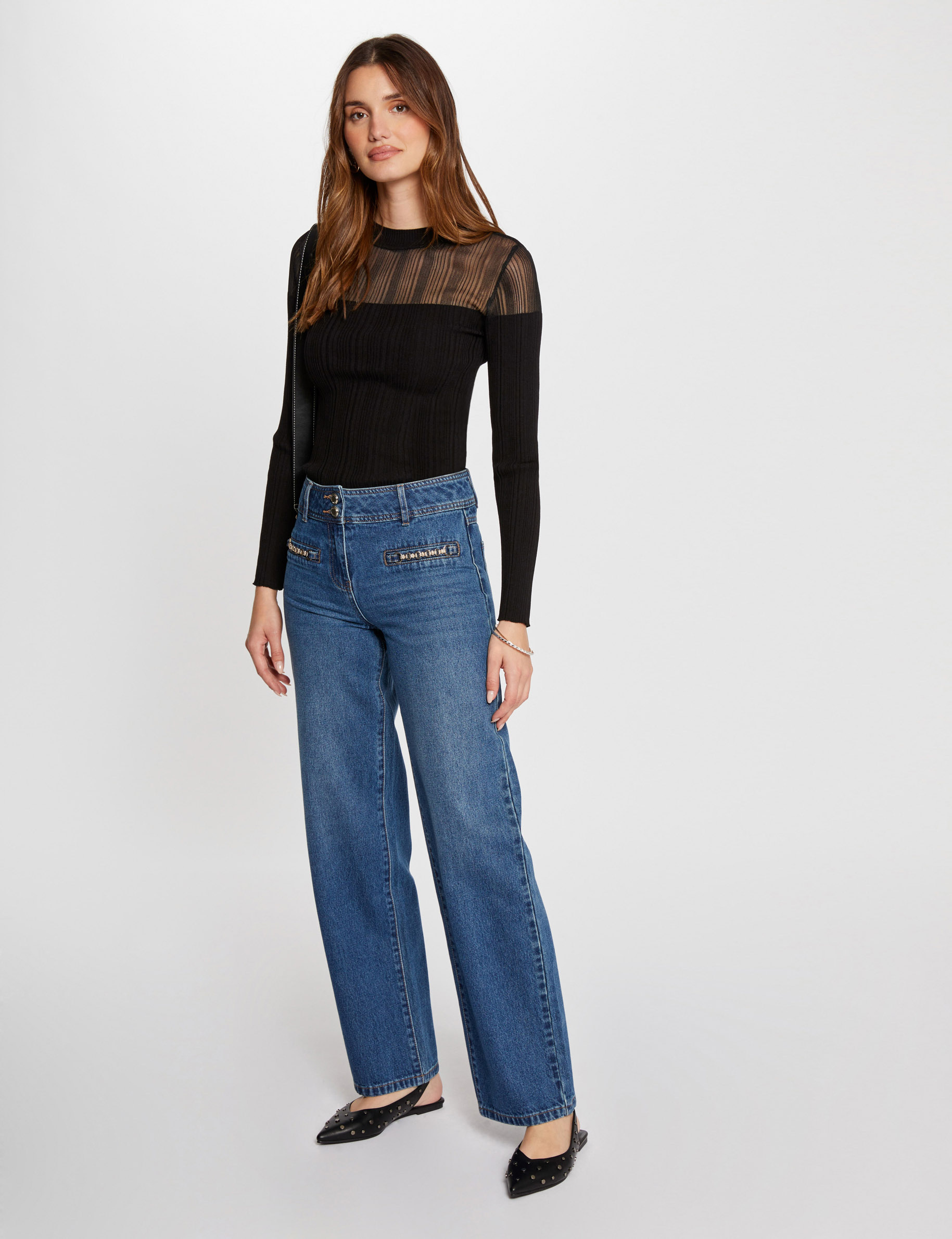 Wide leg jeans chain details stone denim women