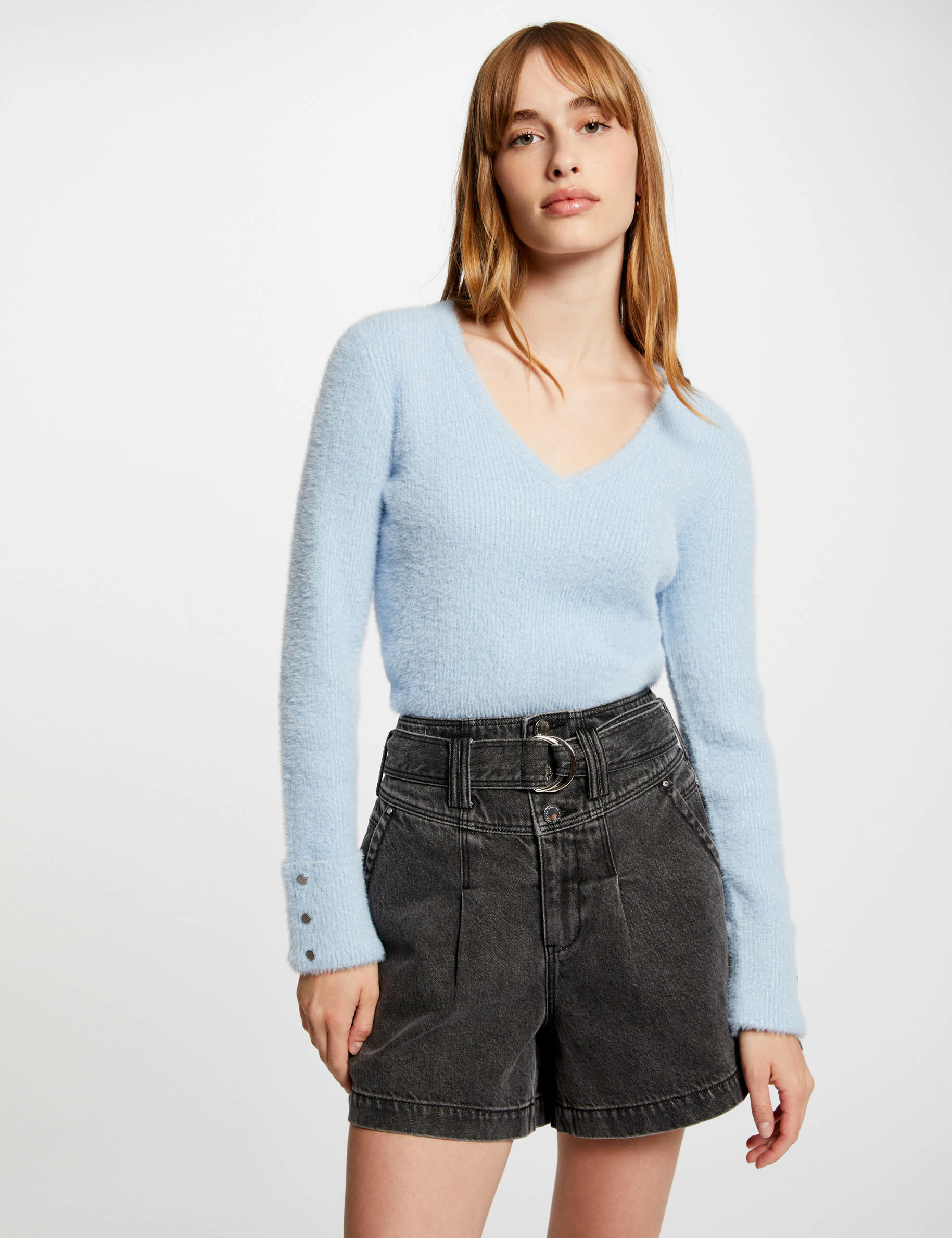 Long-sleeved jumper with V-neck mid blue women