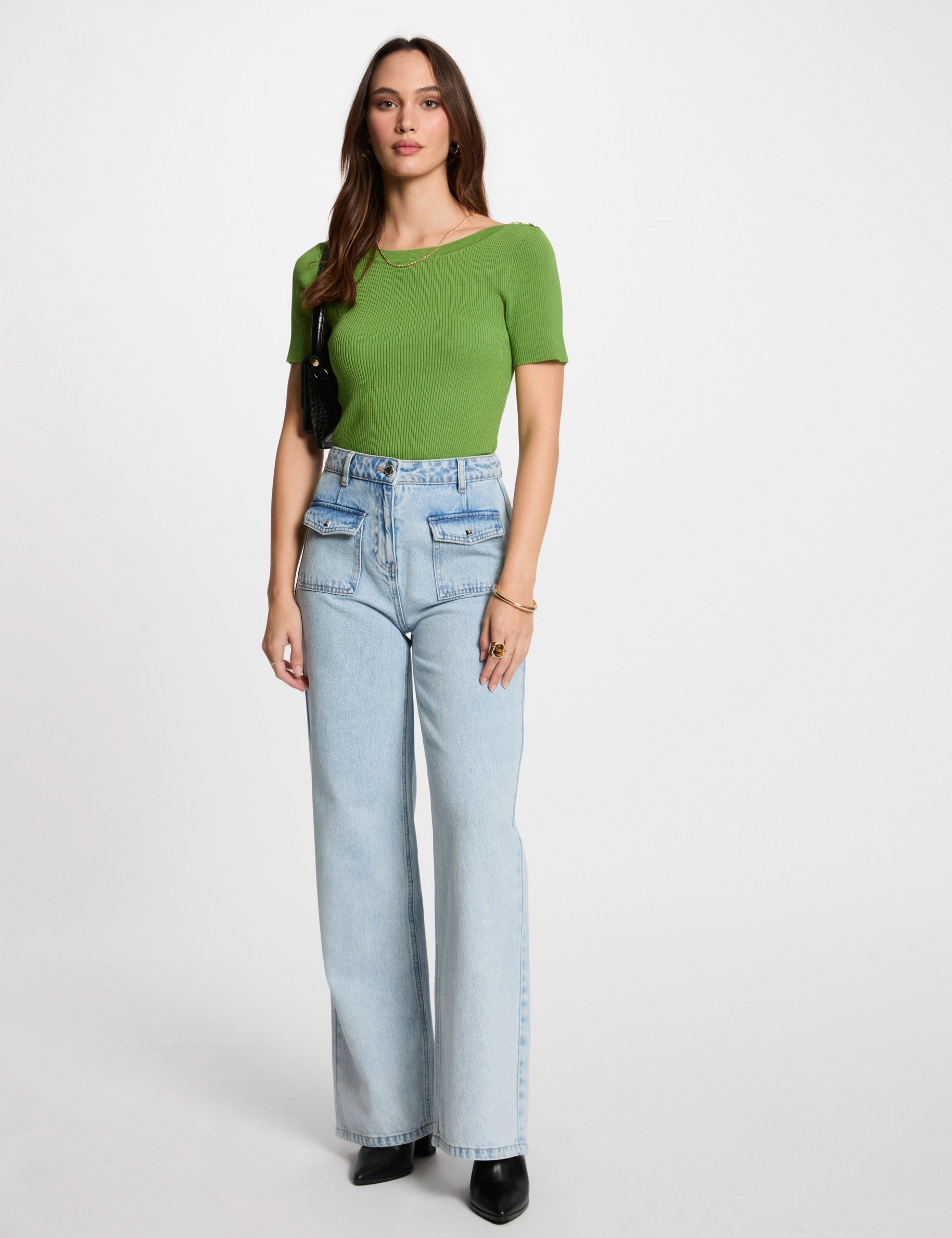 High-waisted wide leg jeans bleach denim women