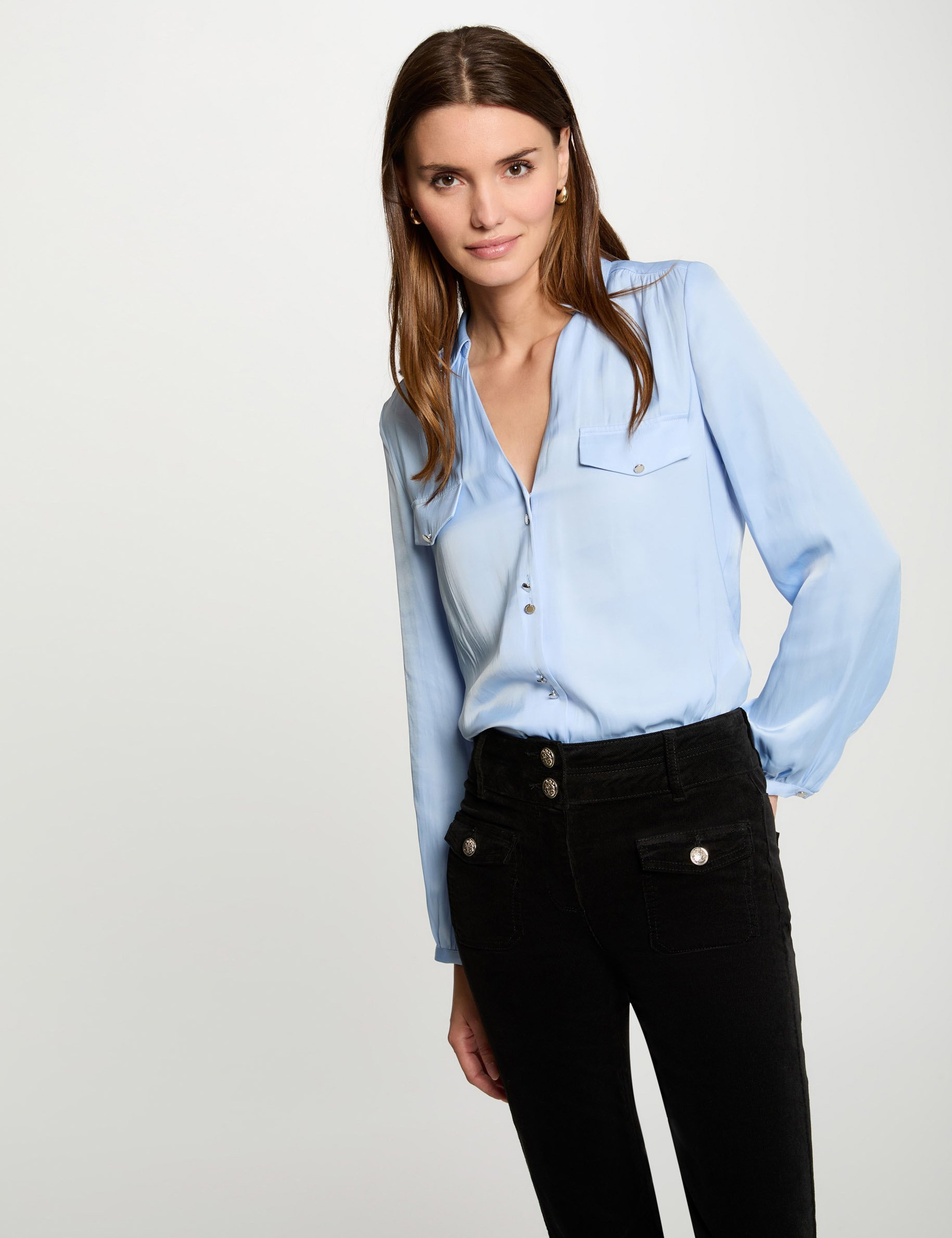 Long-sleeved satin shirt sky blue women