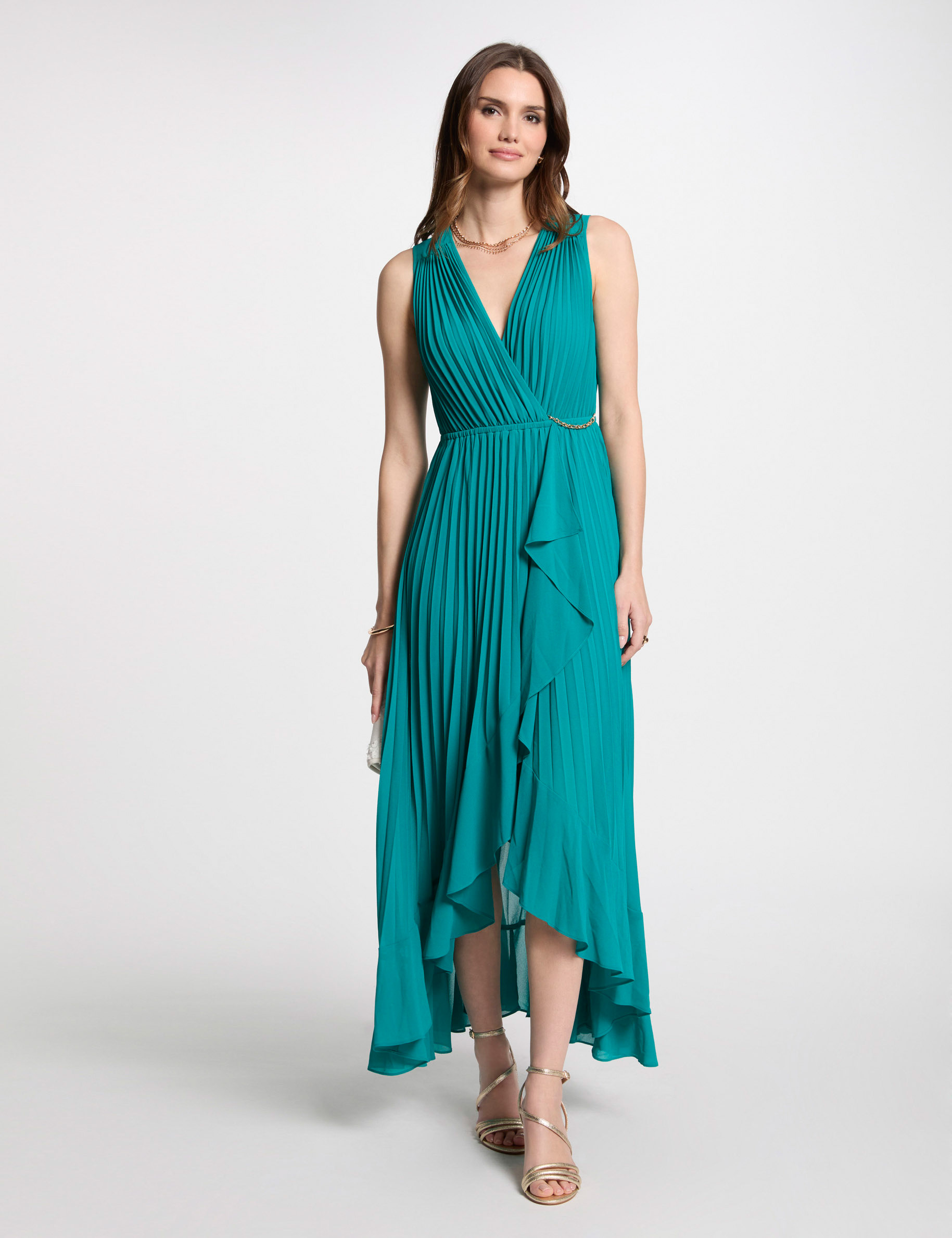 Pleated loose maxi dress turquoise blue women