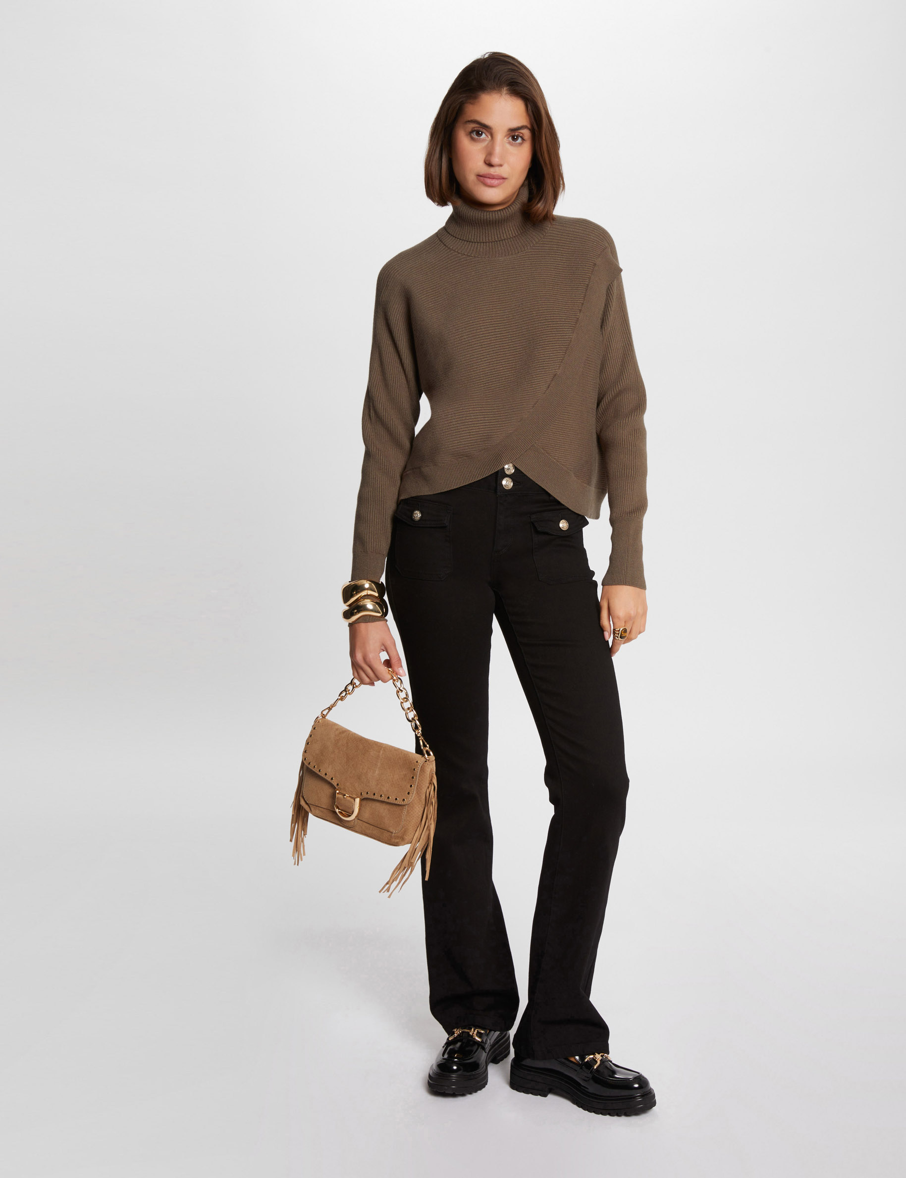 Long-sleeved jumper wrap-over effect khaki green women