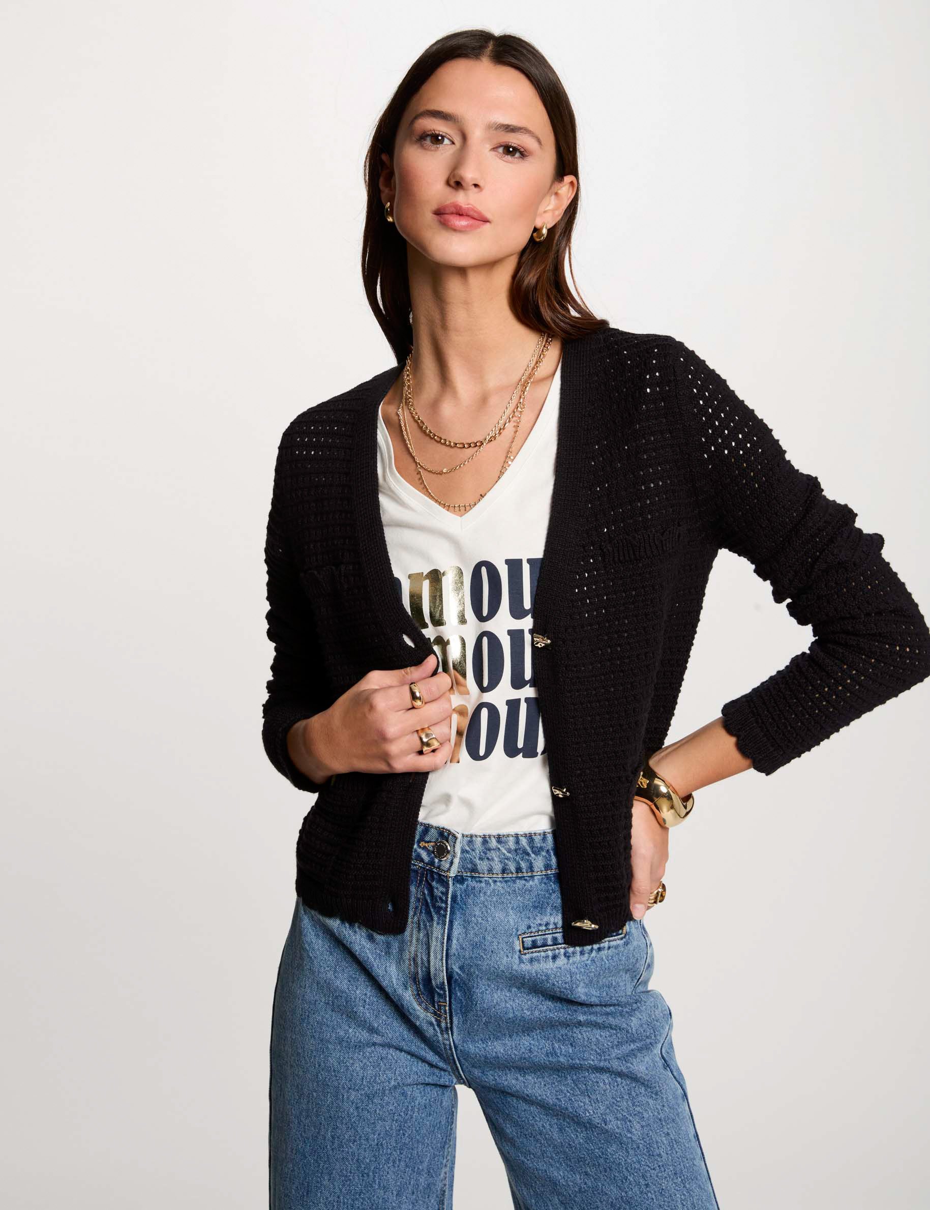 Gilet manches longues ajouré noir femme