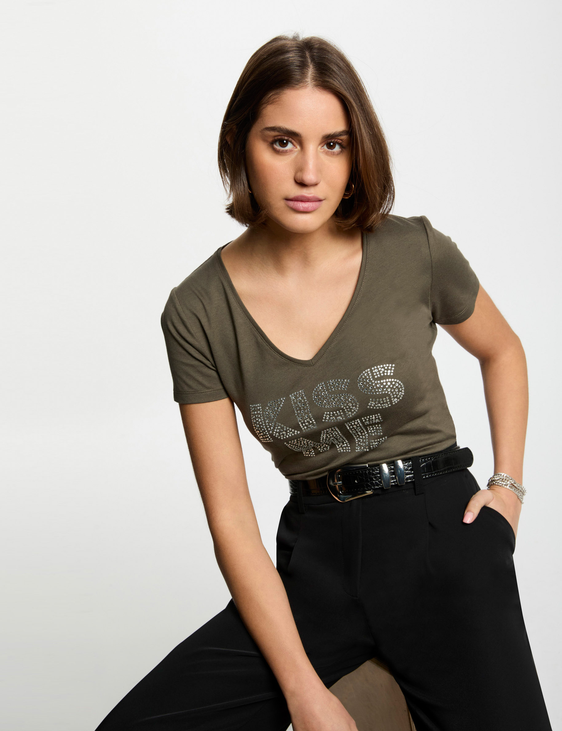 T-shirt with message khaki green women