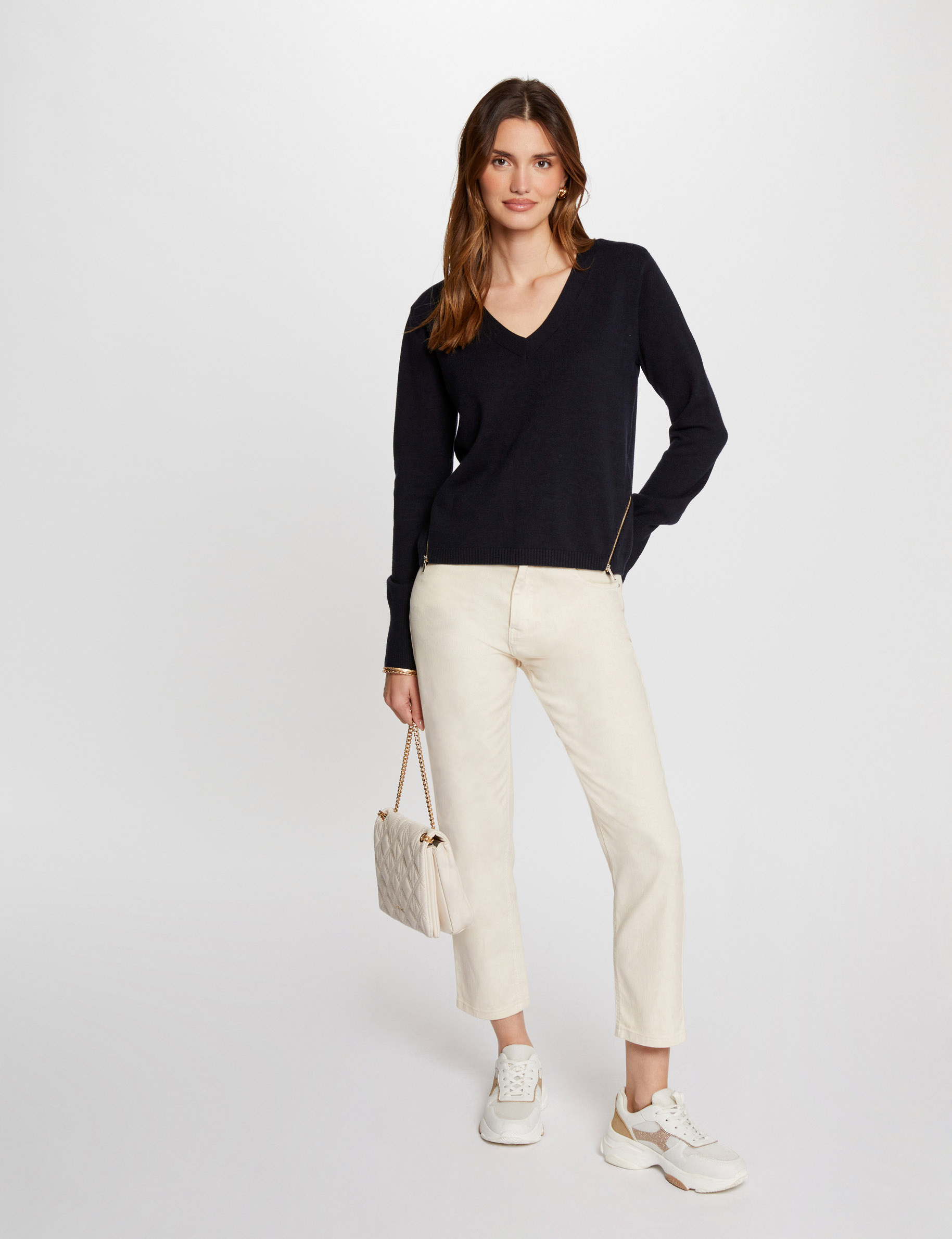 Jumper V-neck zipped details navy women