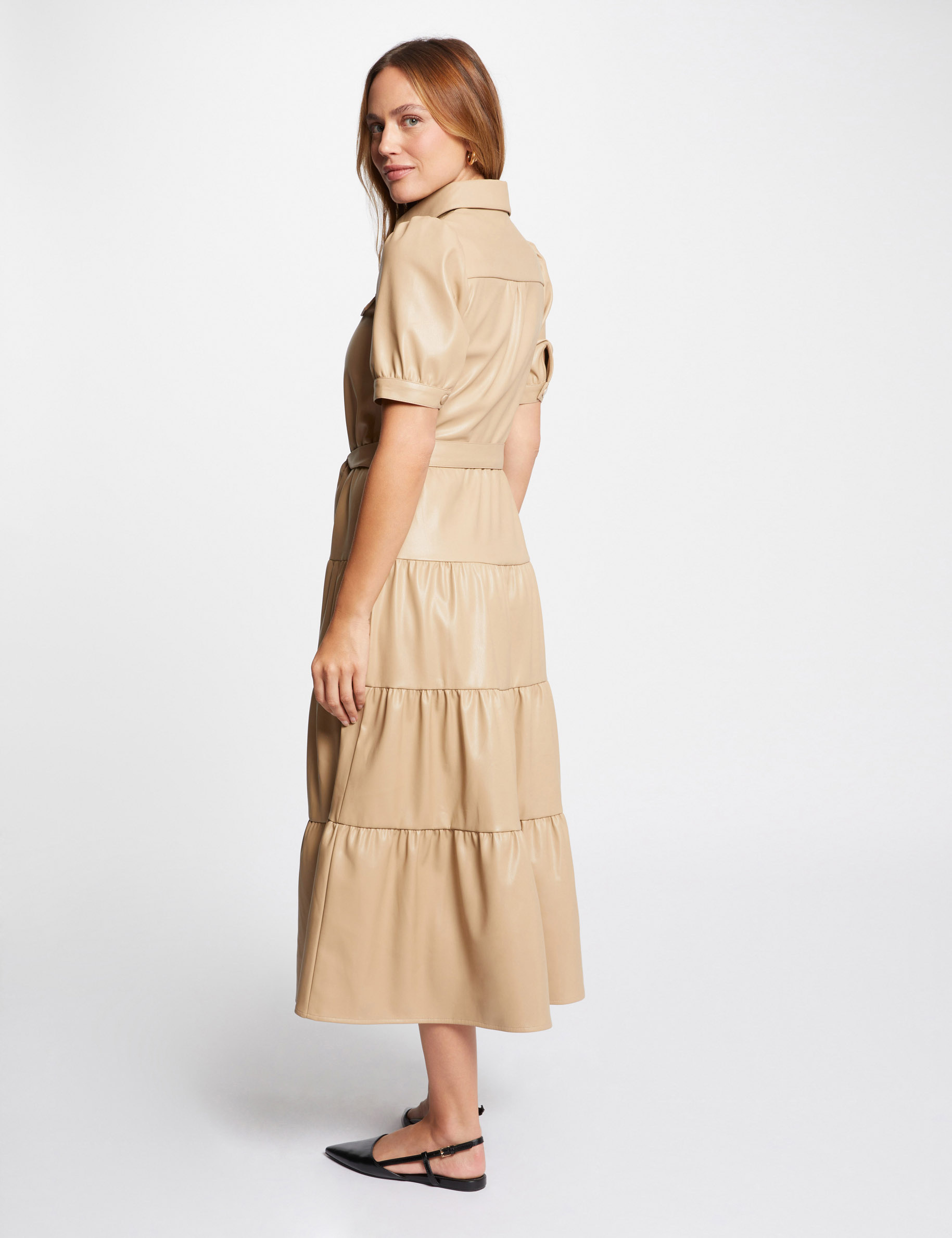 Faux leather maxi dress camel women