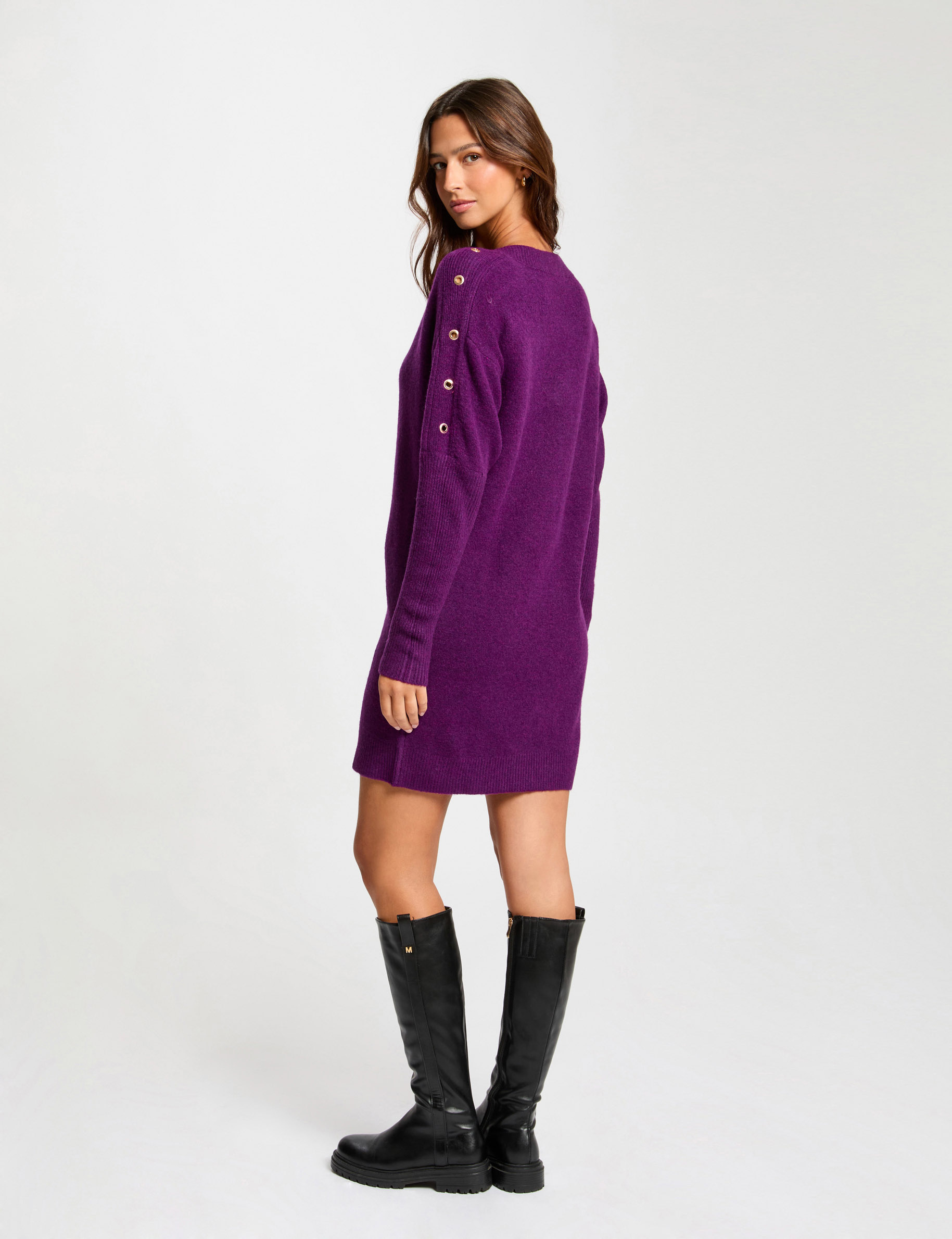 Straight knitted dress eyelets purple women