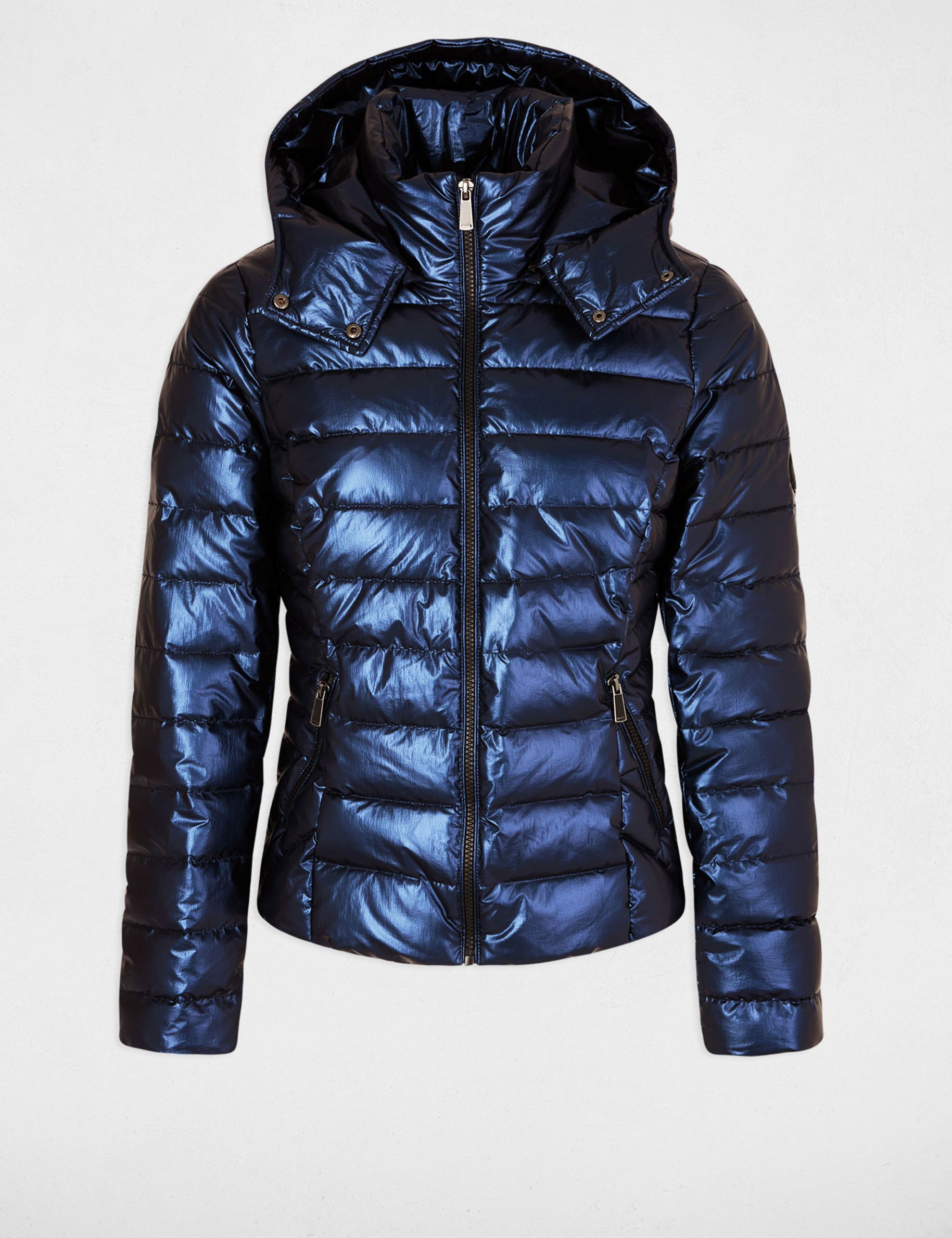 Metallised padded jacket hood blue women