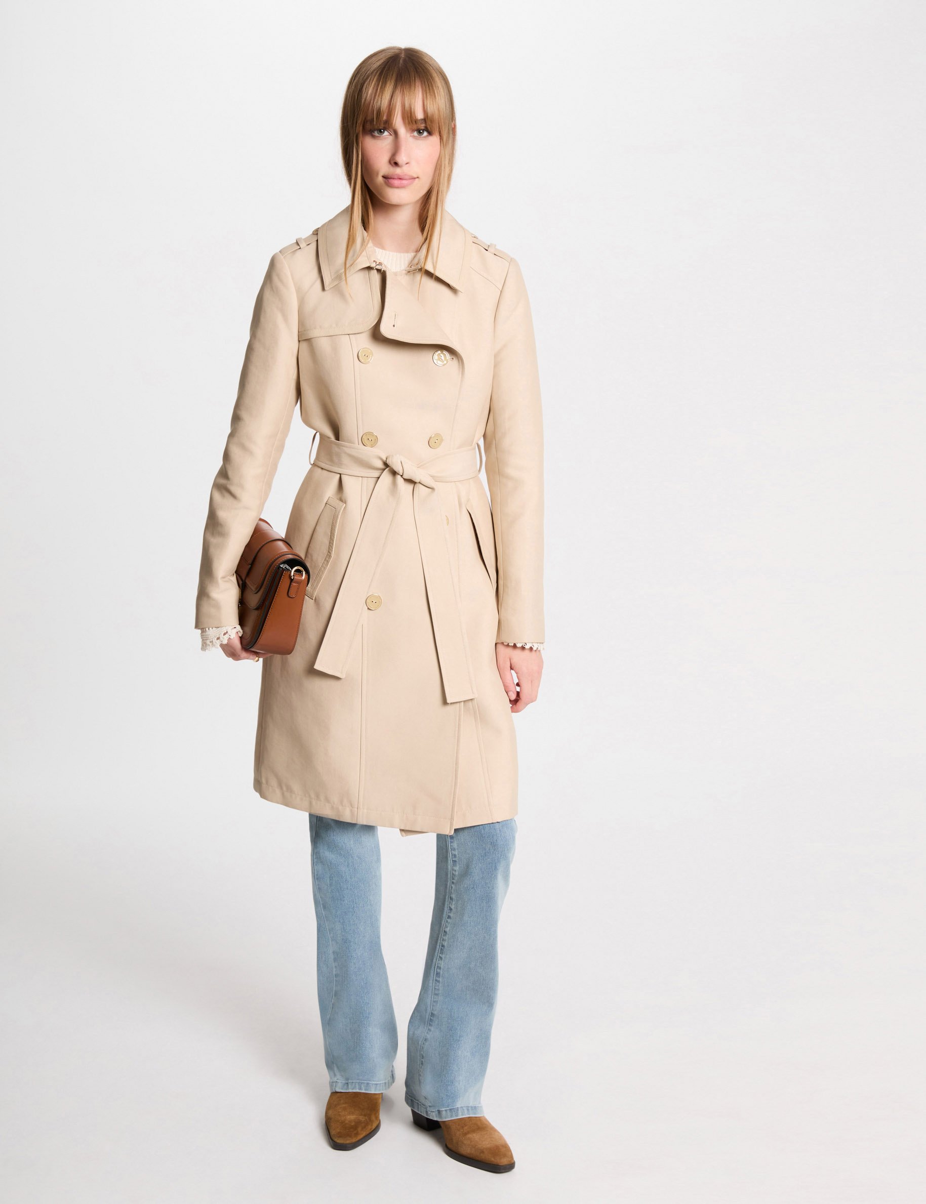 Belted long trenchcoat sand women