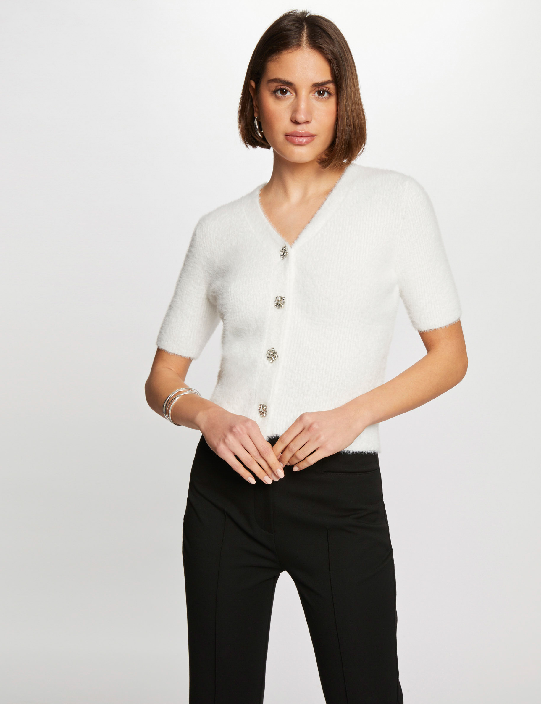 Short-sleeved jumper with buttons ecru women