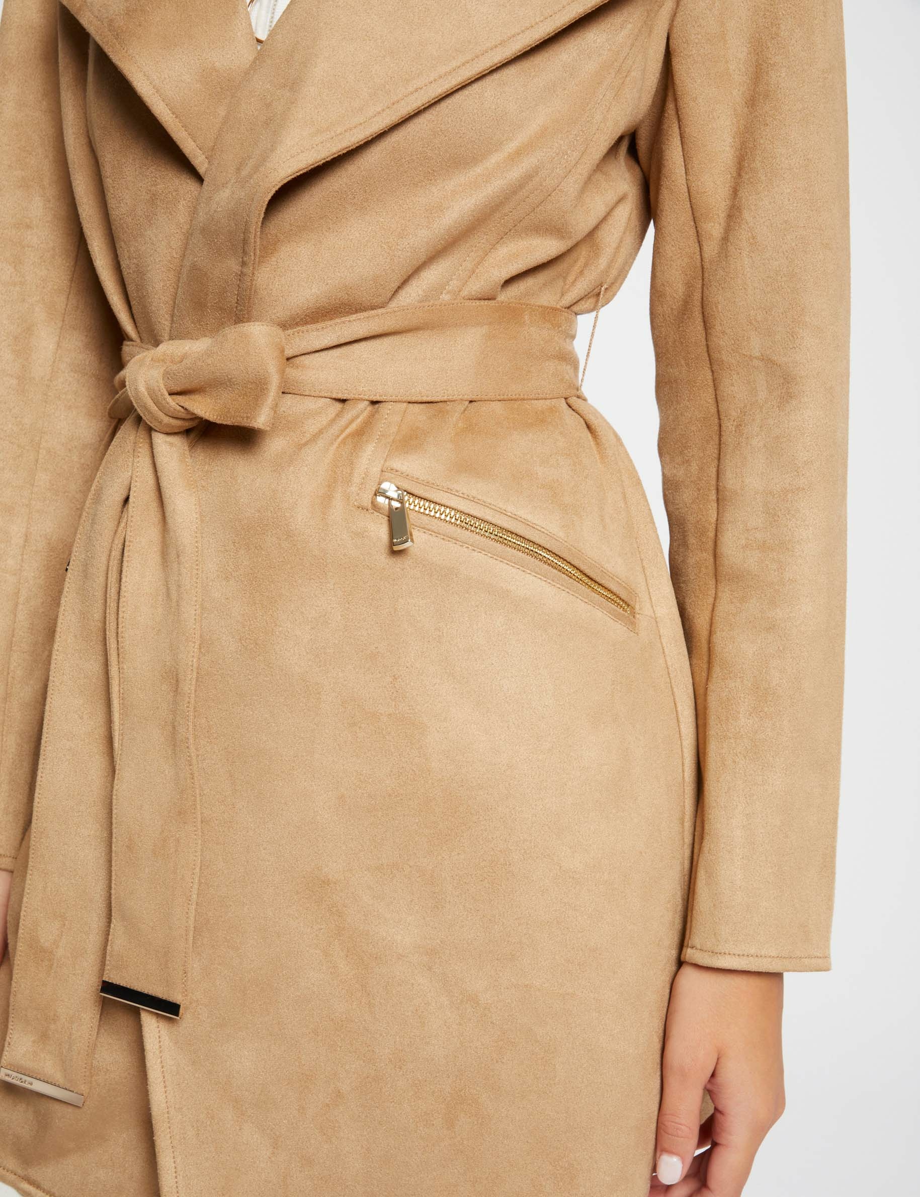 Belted long suede coat beige women