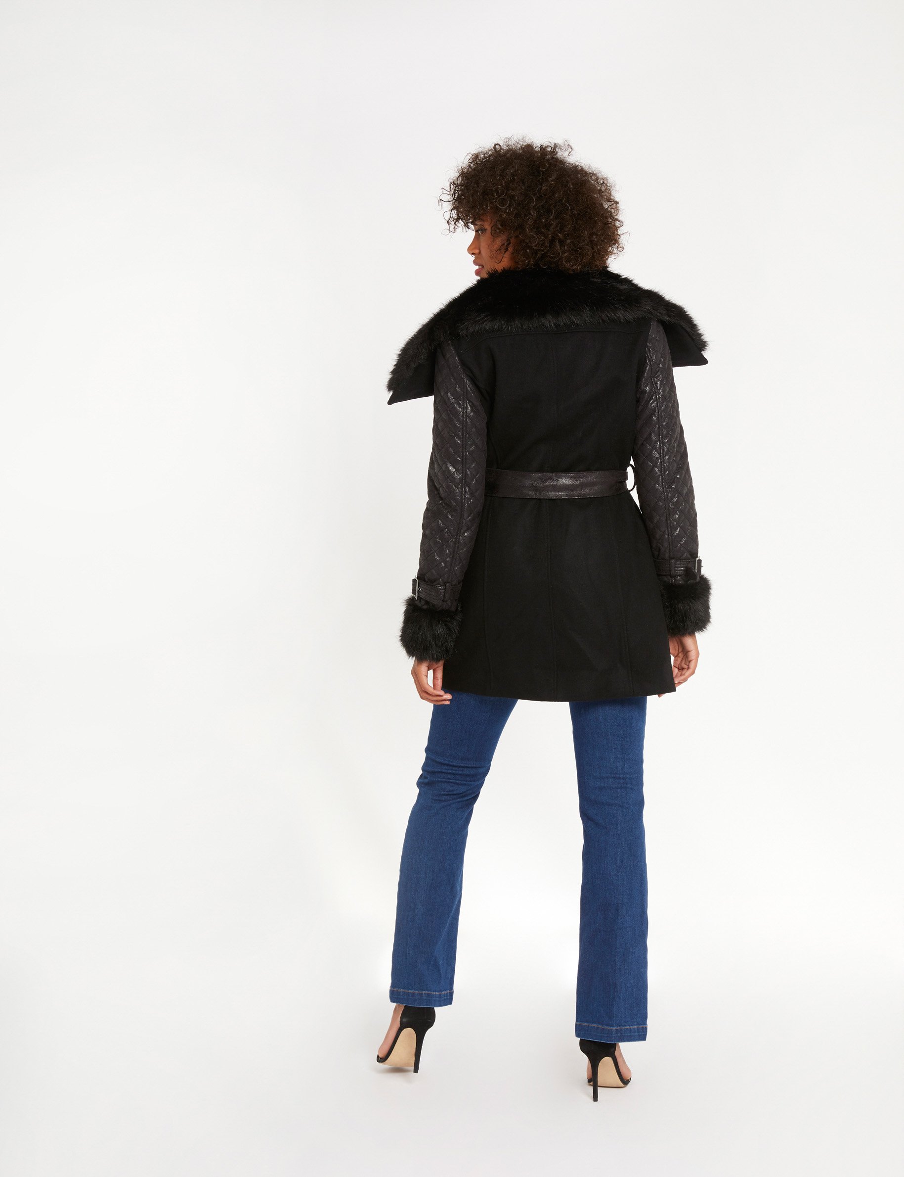 Straight coat with belt faux fur detail black women