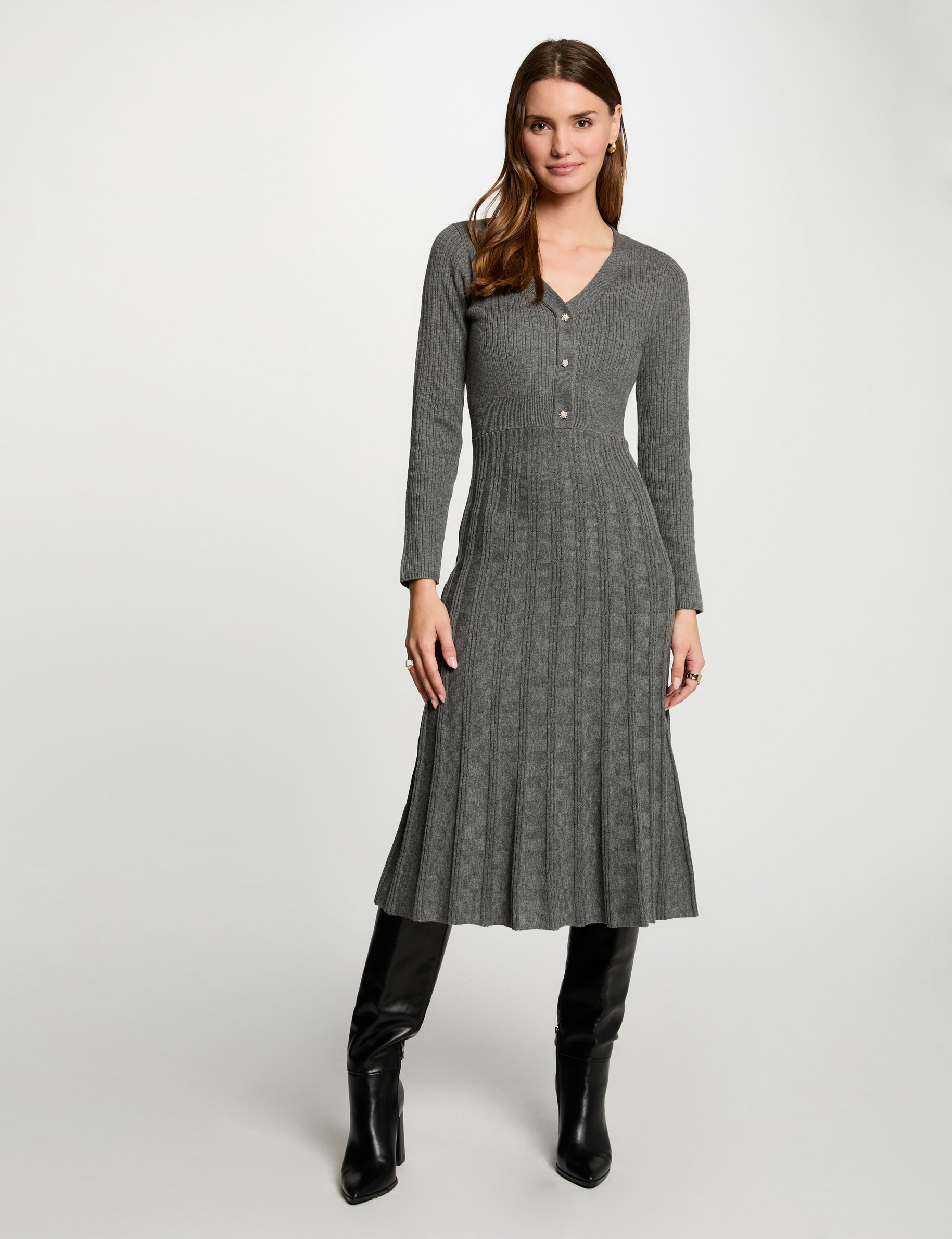 Fitted midi knitted dress anthracite grey women