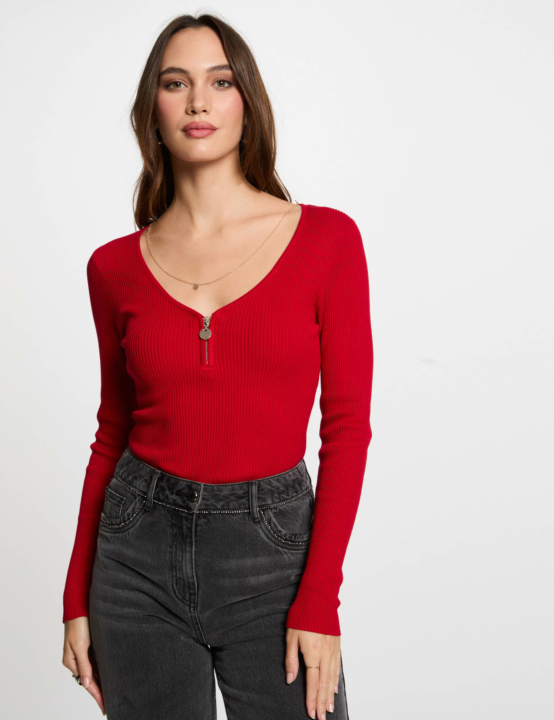 Long-sleeved ribbed jumper zipped detail red women