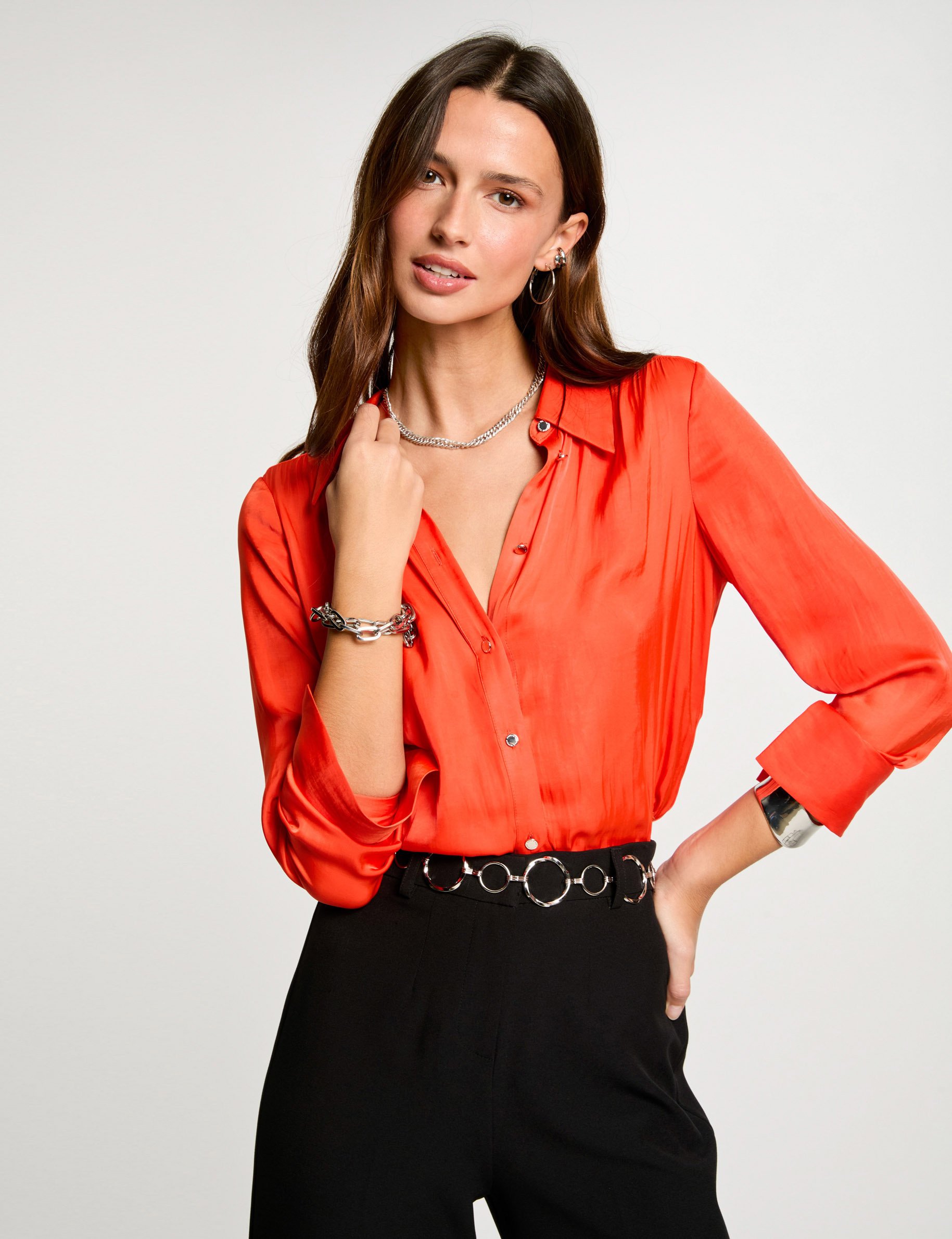 Long-sleeved satin shirt dark orange women