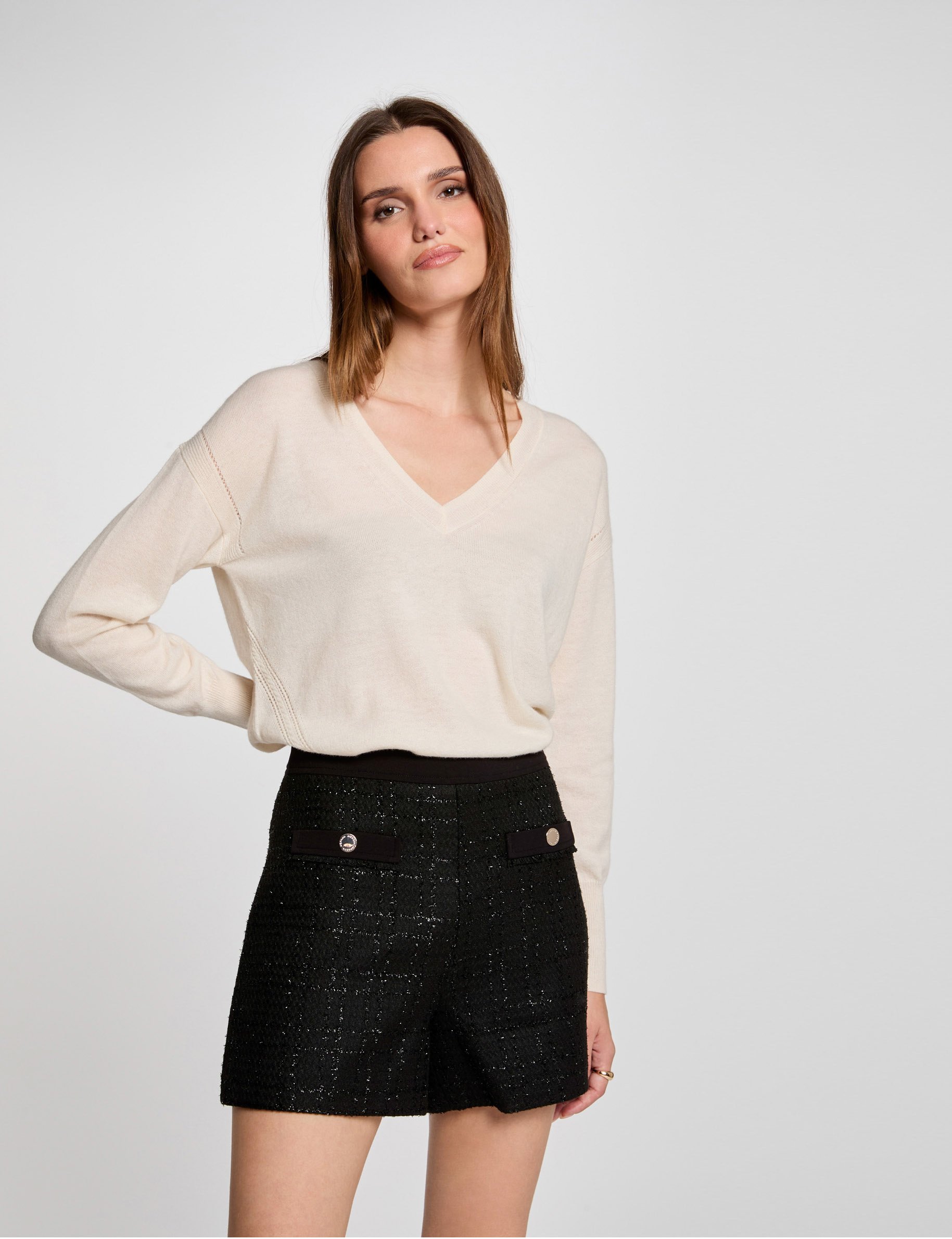 Jumper V-neck long sleeves ivory women