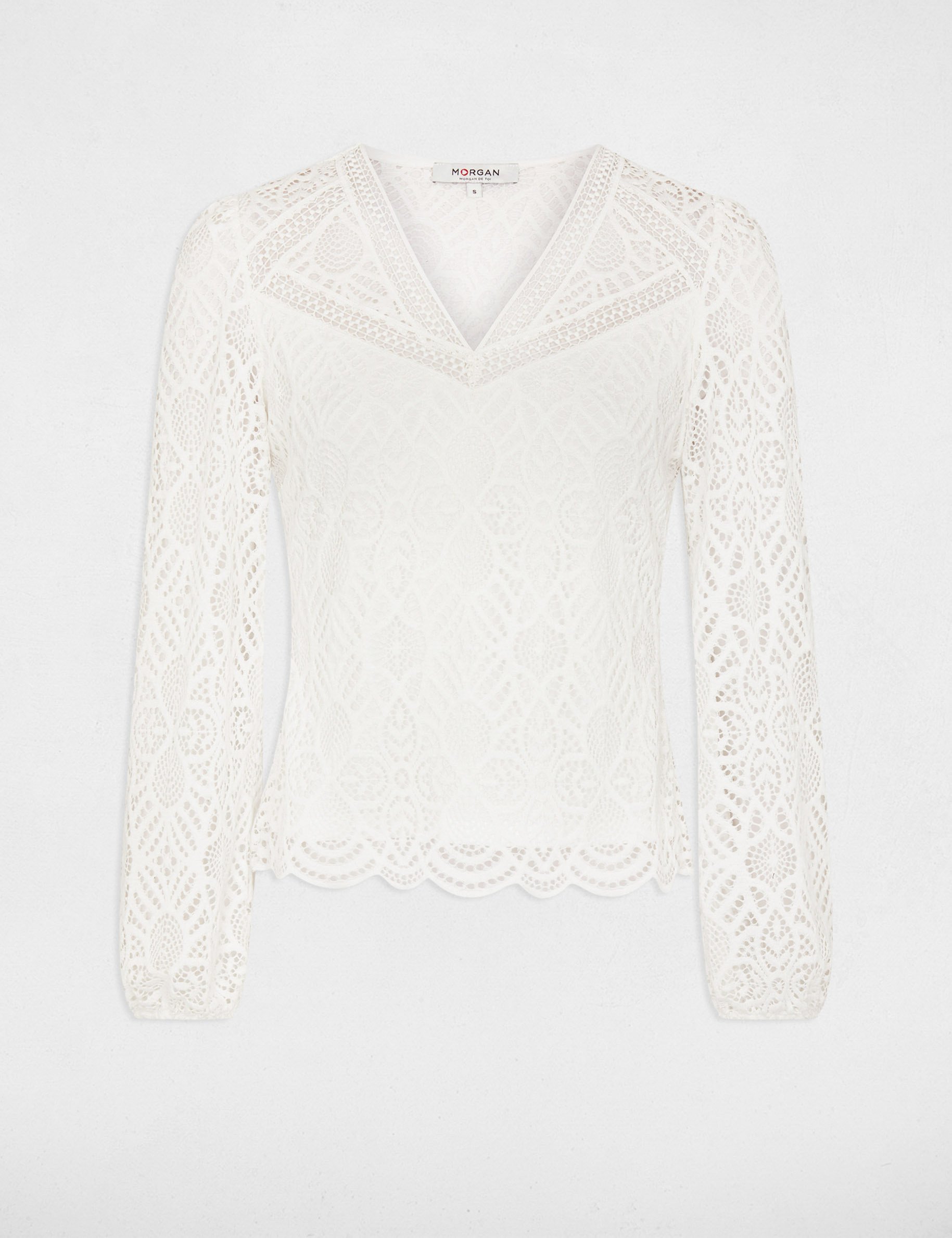 Lace t-shirt V-neck ivory women