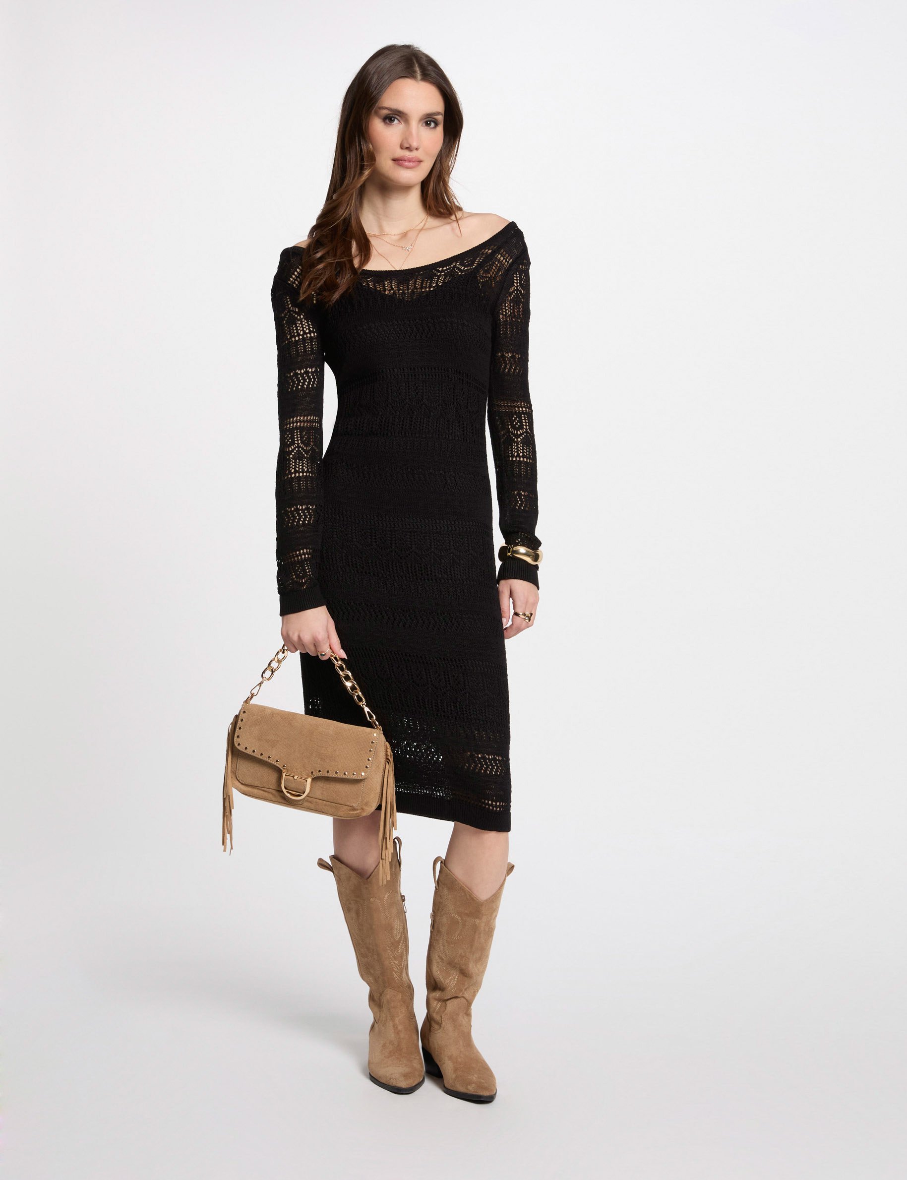 Robe tricot longue ajustée noir femme