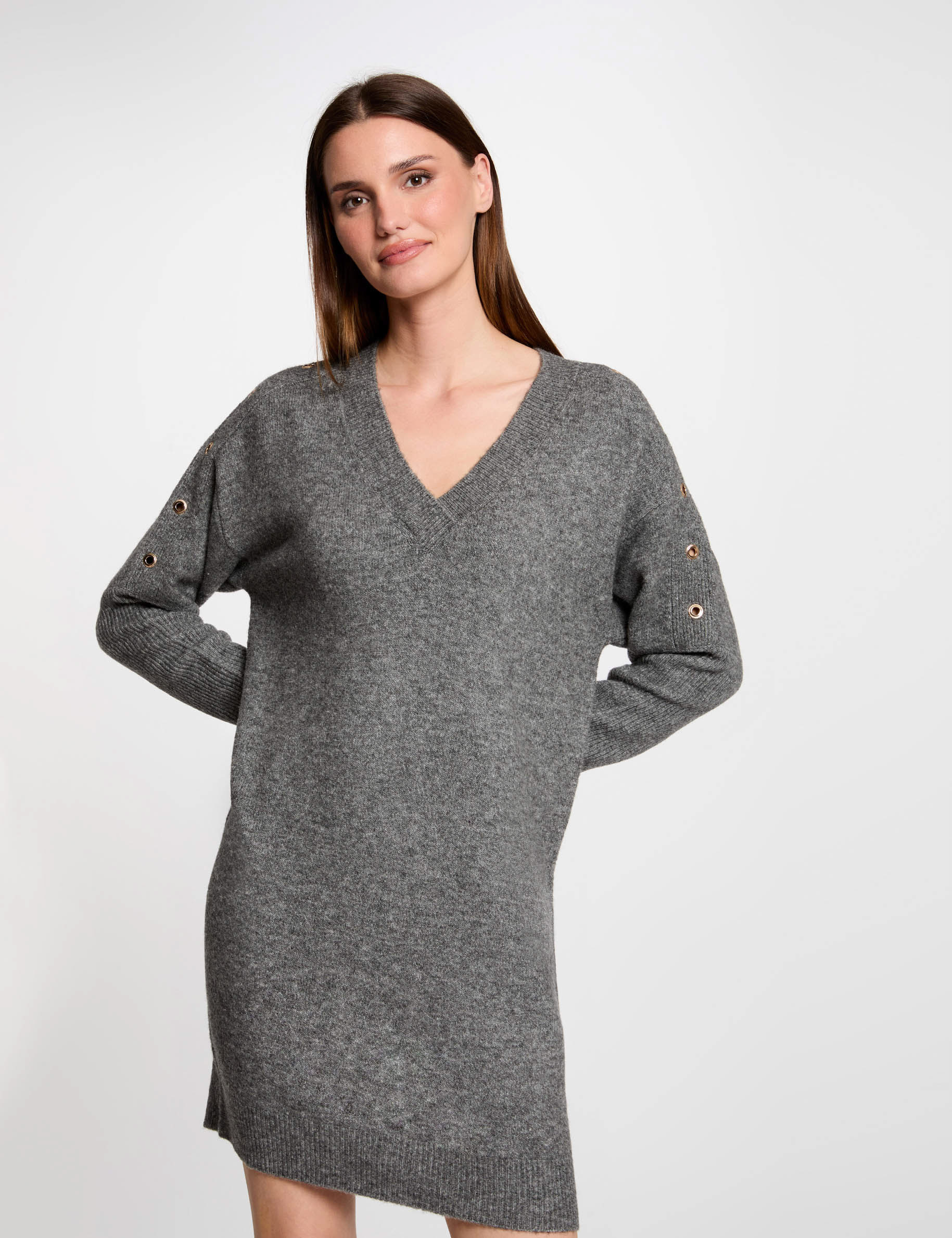 Straight knitted dress eyelets anthracite grey women