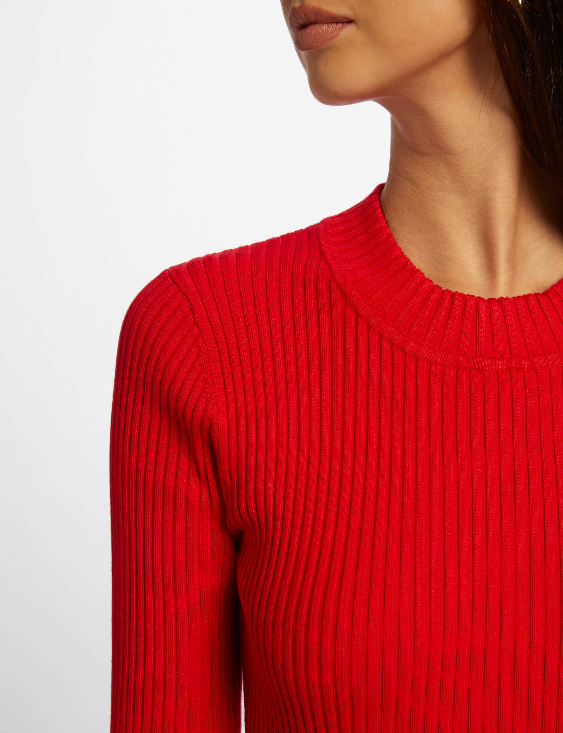 Pull col montant côtelé rouge femme