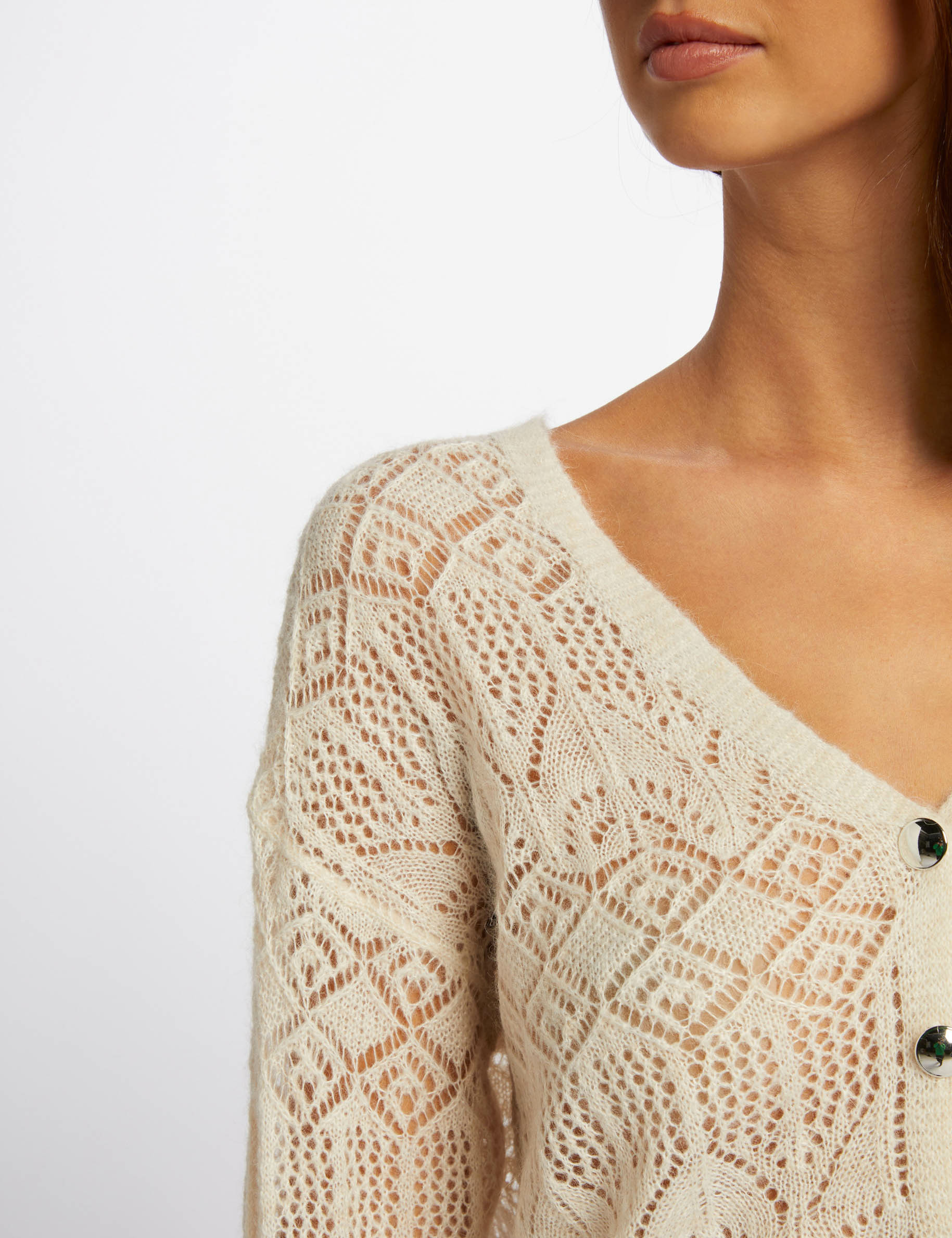 Openwork cardigan V-neck ivory ladies'