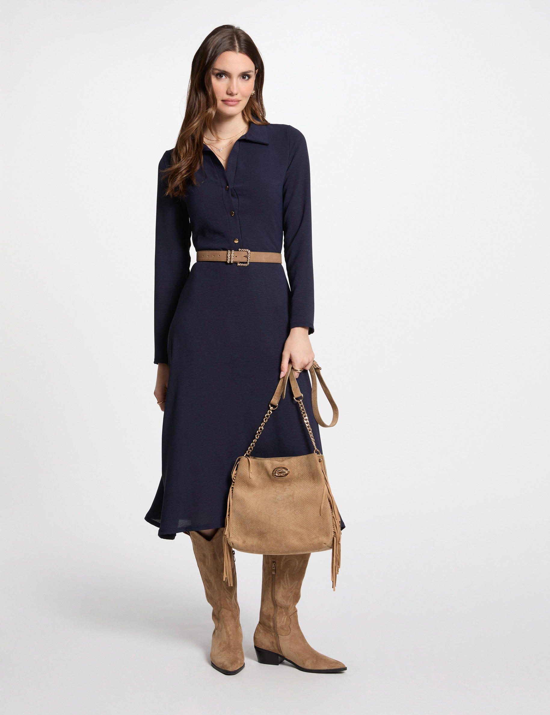 Loose straight midi dress navy blue women