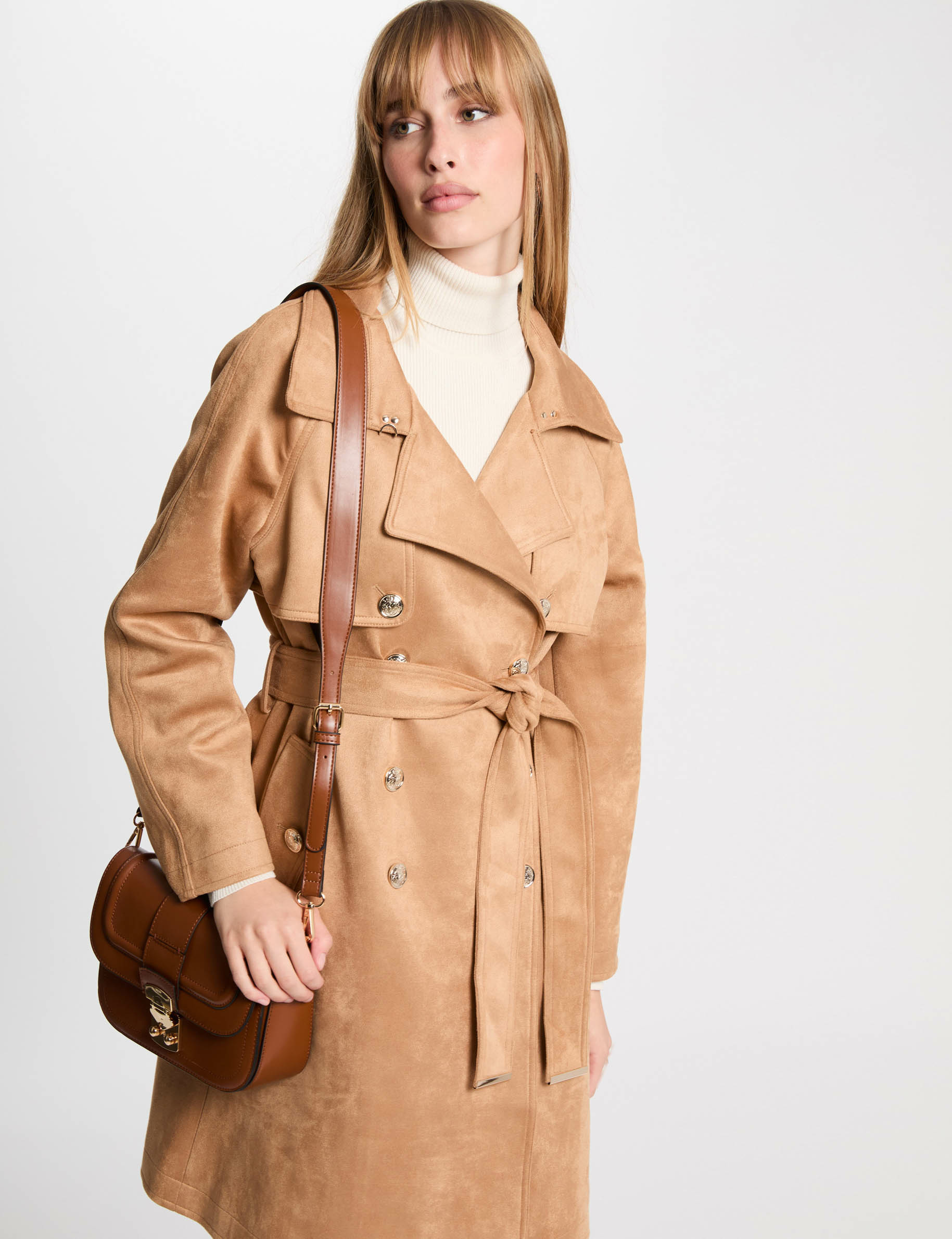 Long suede trenchcoat caramel women