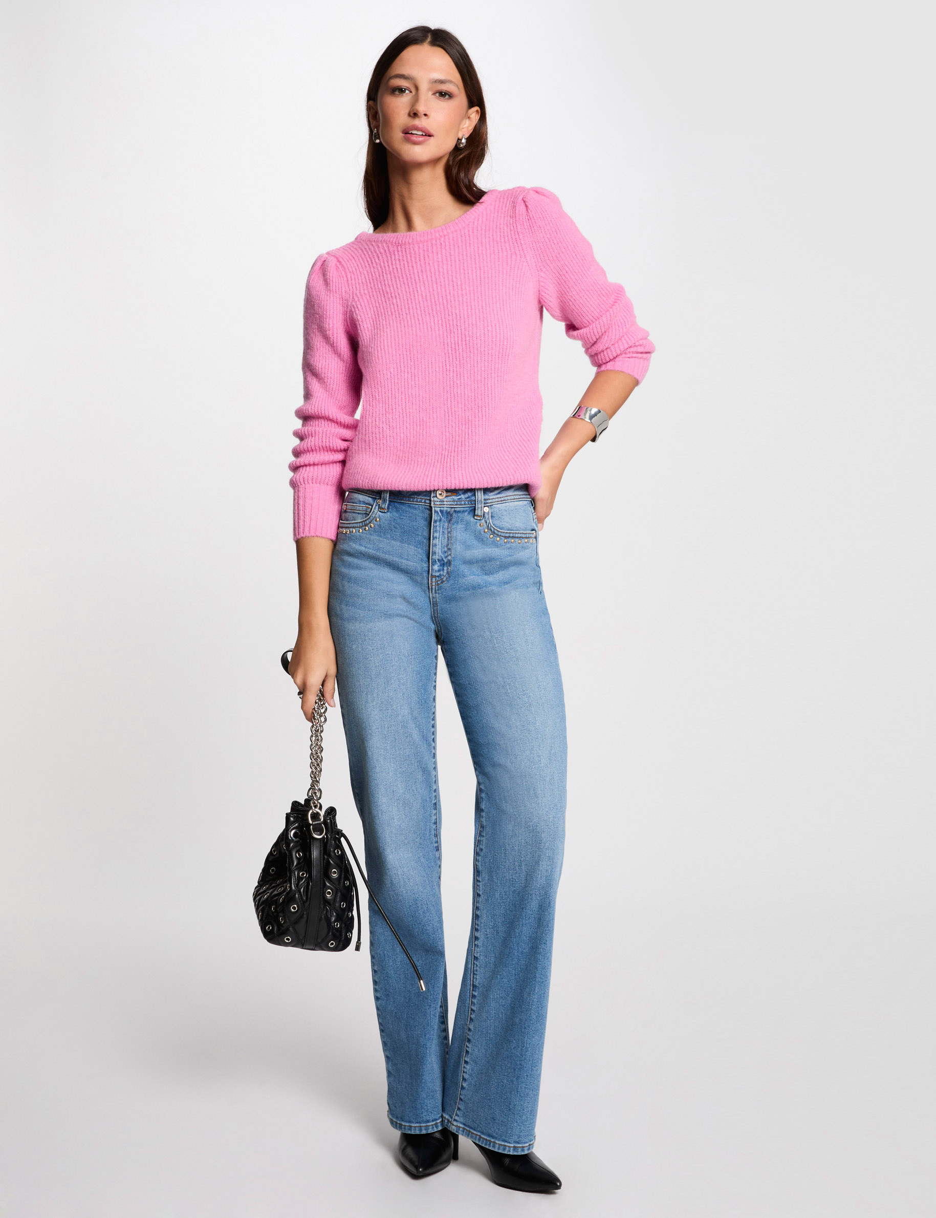 Pink sweater blue jeans best sale