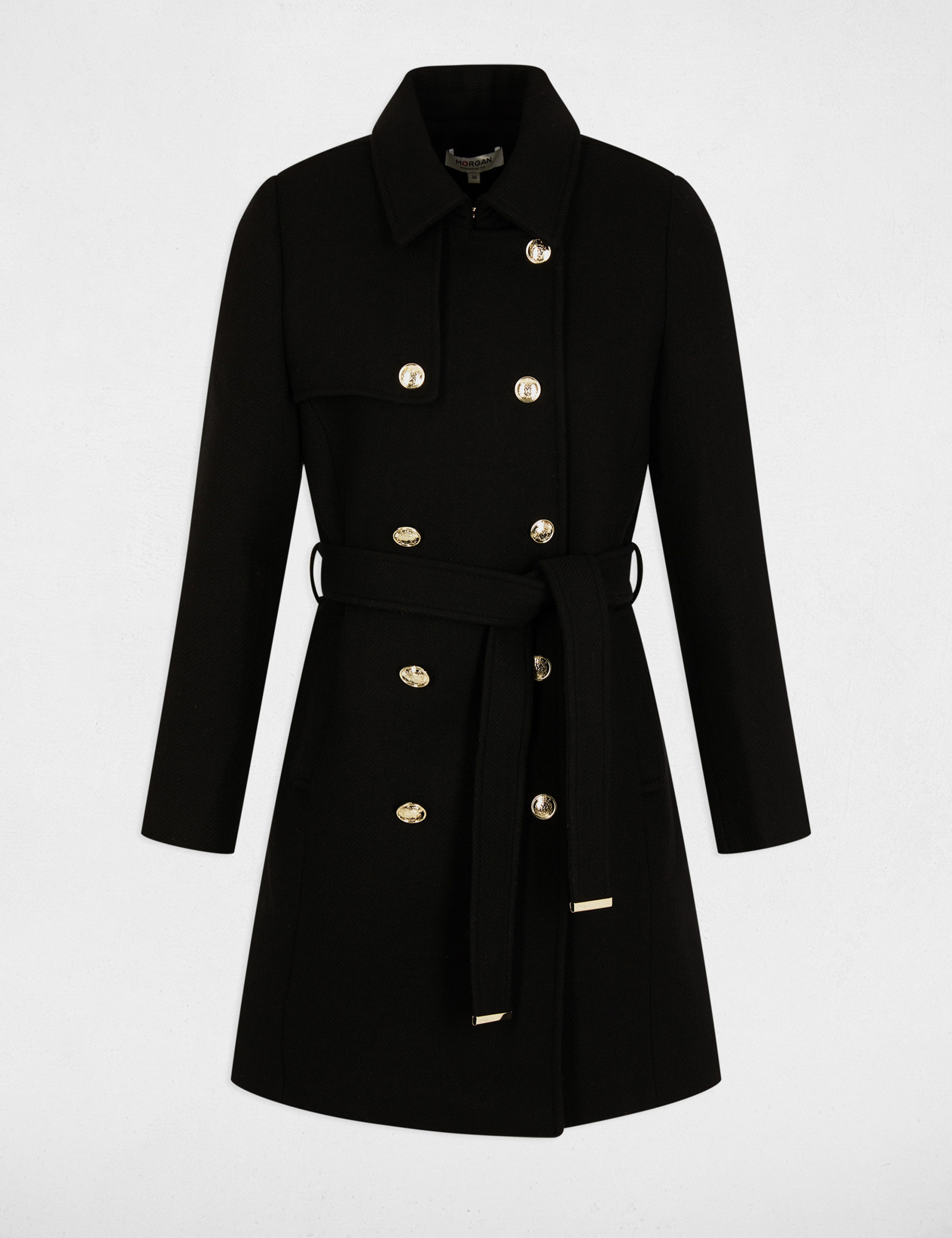 Belted long coat black women