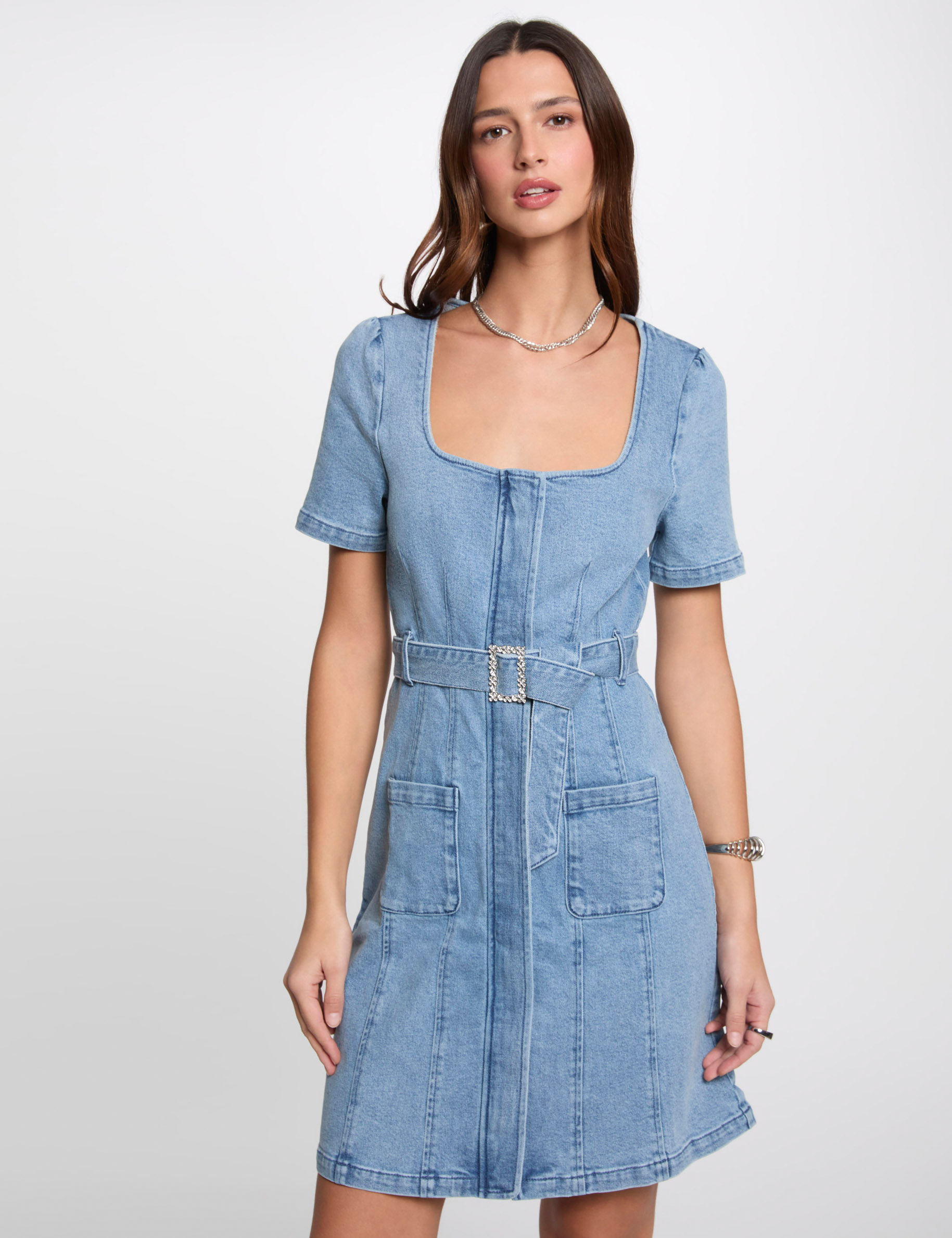 Straight mini denim dress heavy stone wash denim women