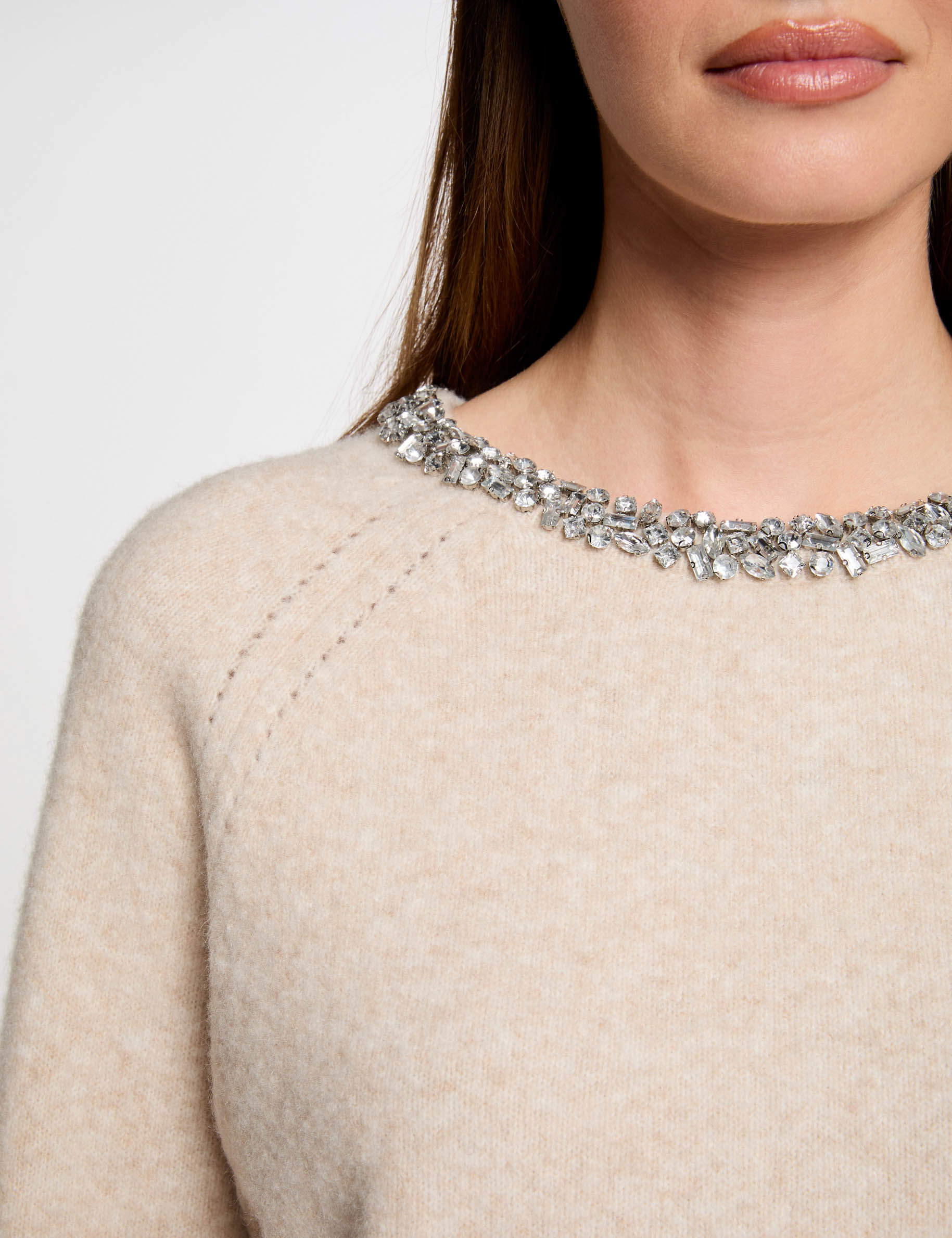 Jumper neck jewelled details beige women