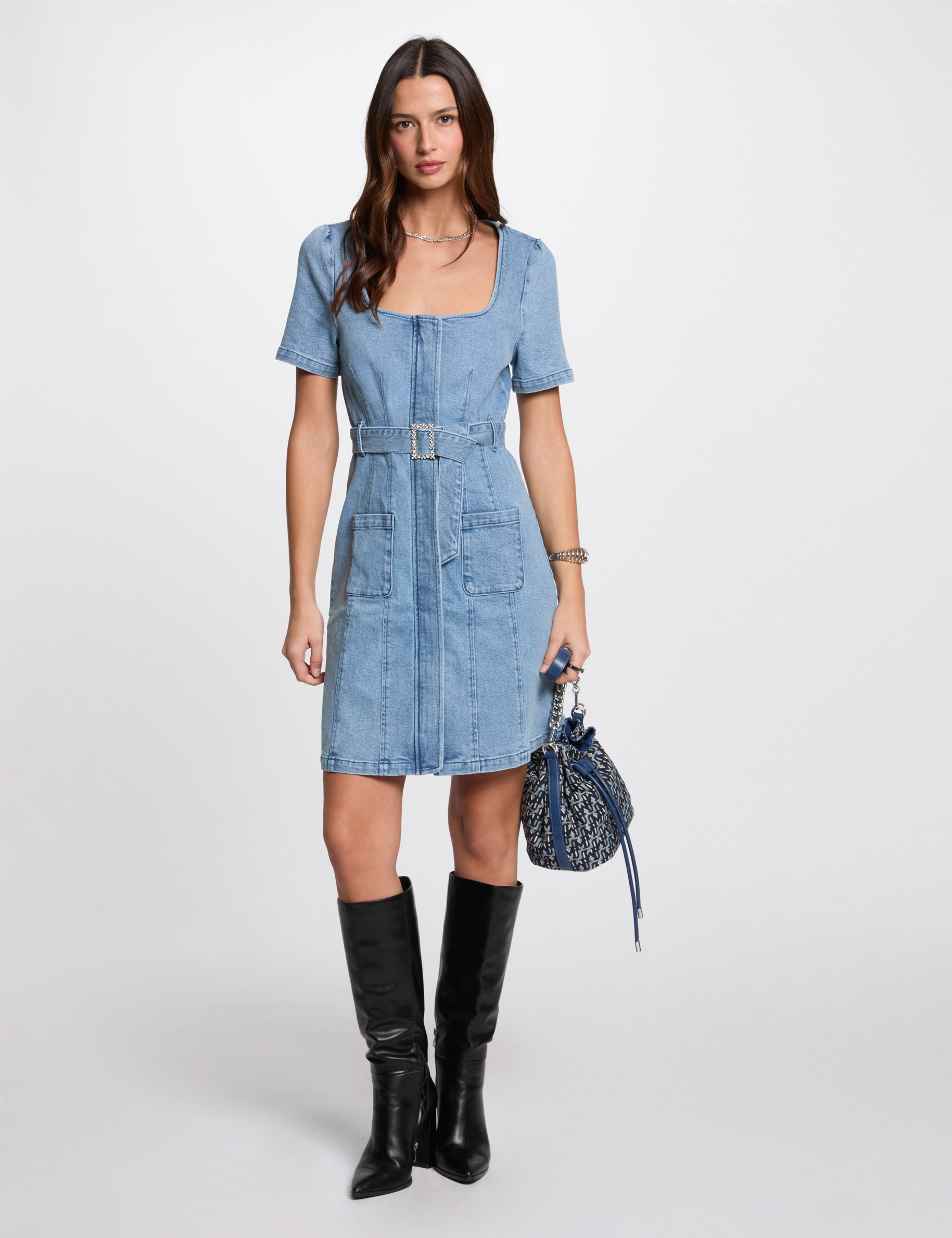 Straight mini denim dress heavy stone wash denim women