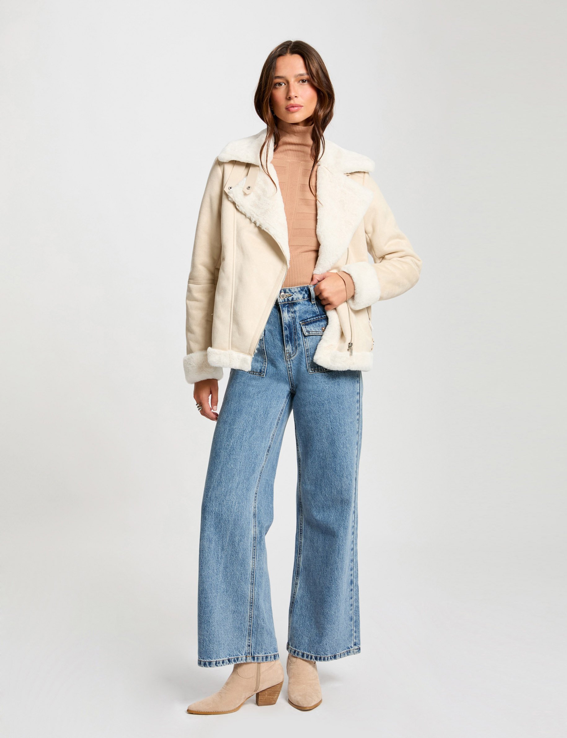 Zipped jacket suede effect ivory women