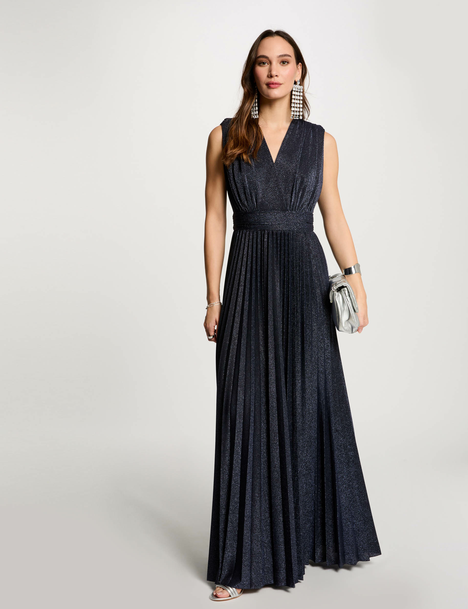 Pleated maxi straight dress navy blue women