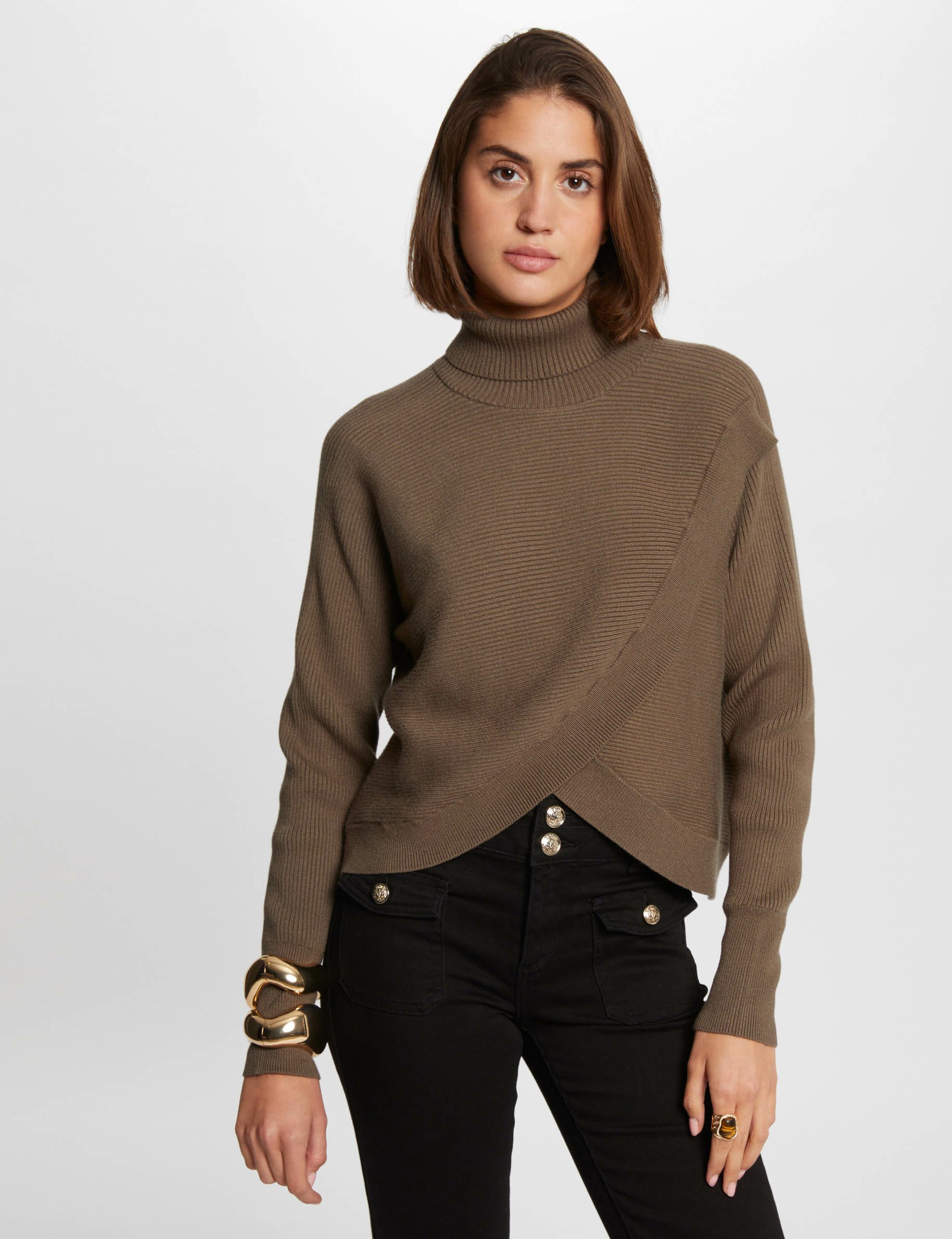 Long-sleeved jumper wrap-over effect khaki green women