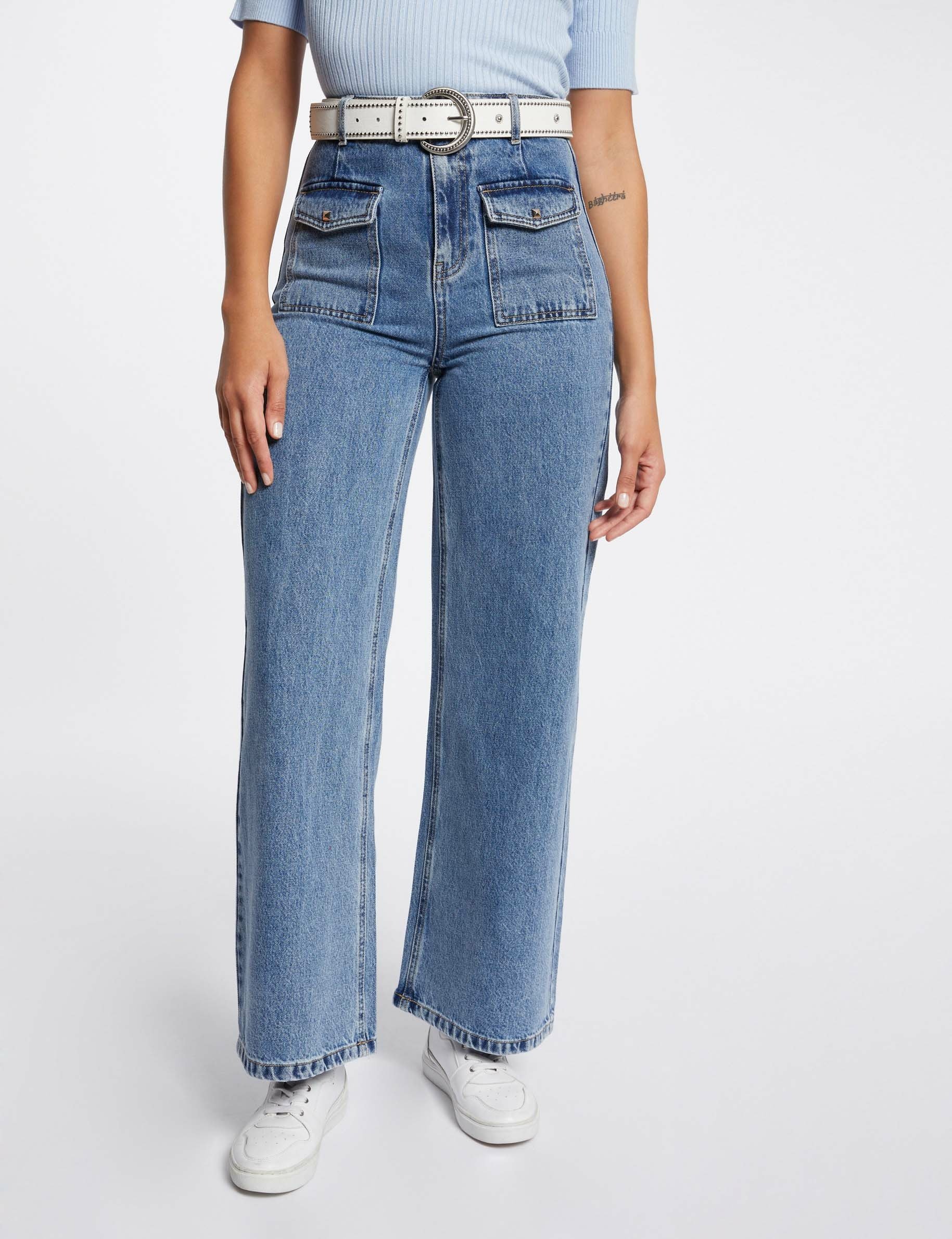 High-waisted wide leg jeans heavy stone wash denim women