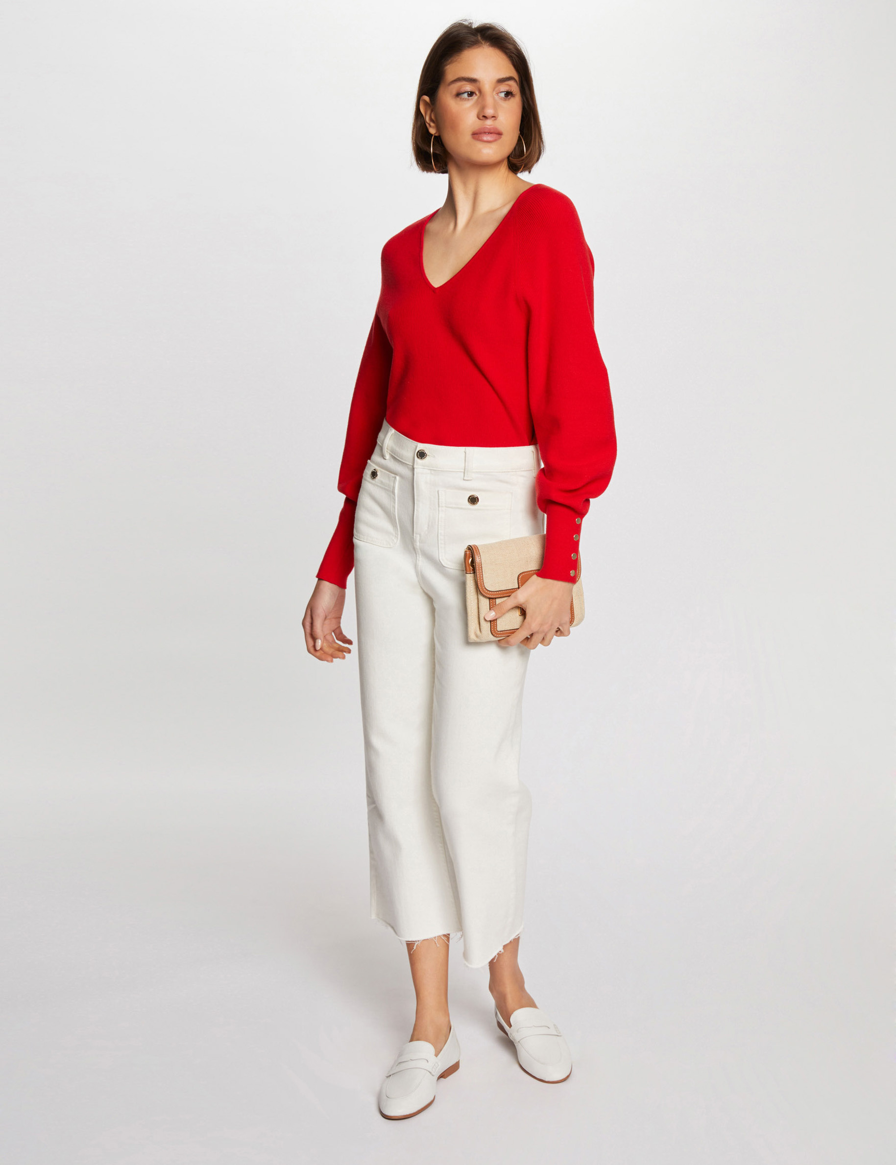 Long-sleeved jumper V-neck red women