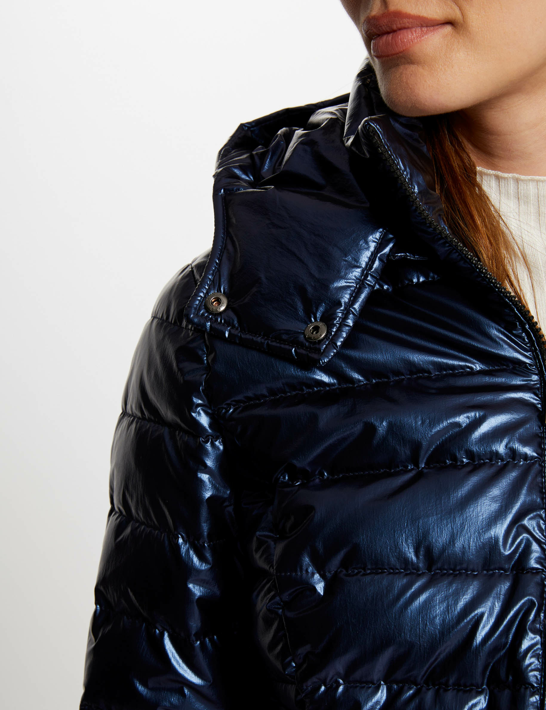 Metallised padded jacket hood blue women