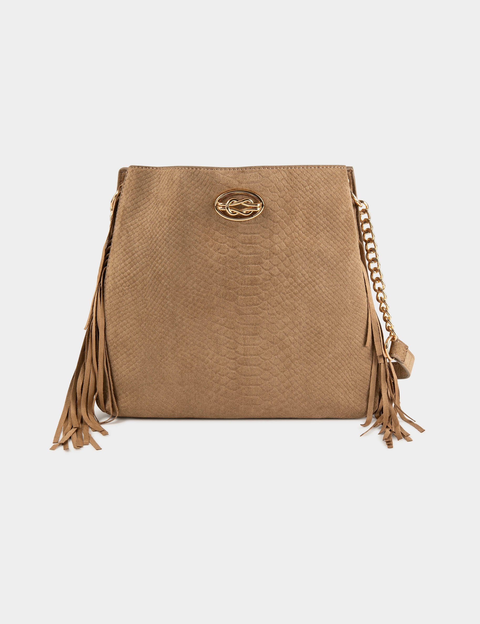 Trapeze bag with croc effect and fringes beige women